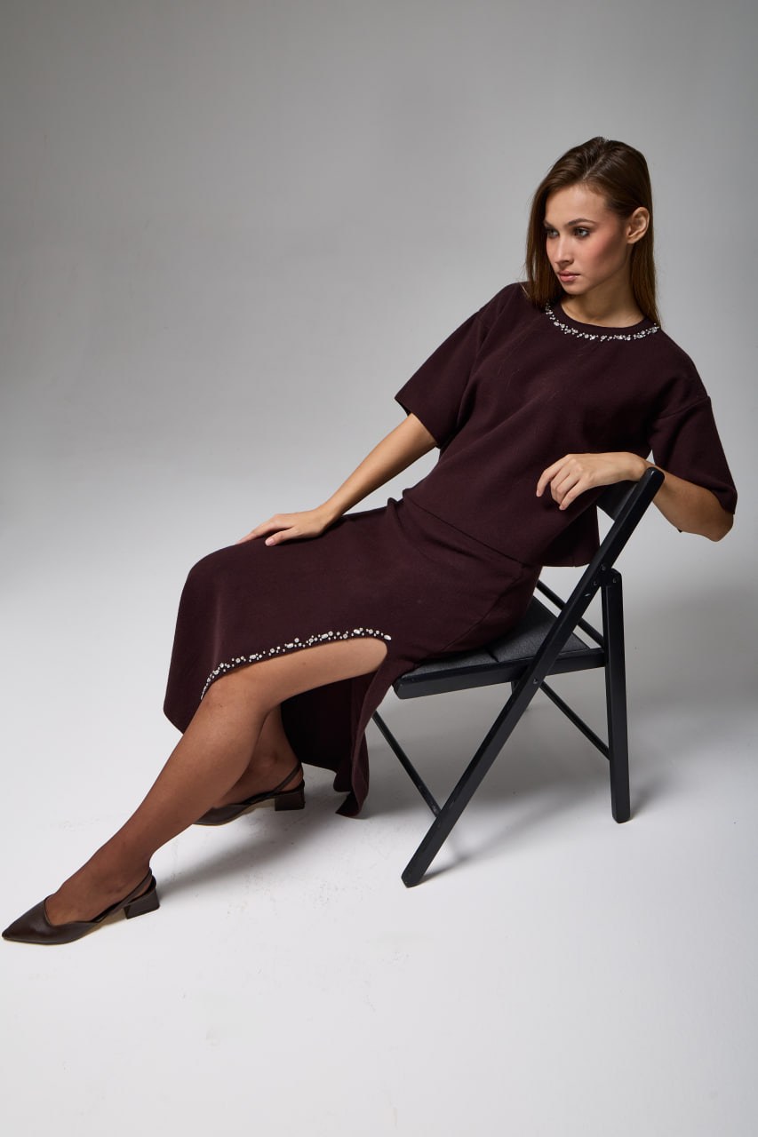 Wholesale Women's Brown Rhinestone-Embellished Viscose Knit Set 0037-3712