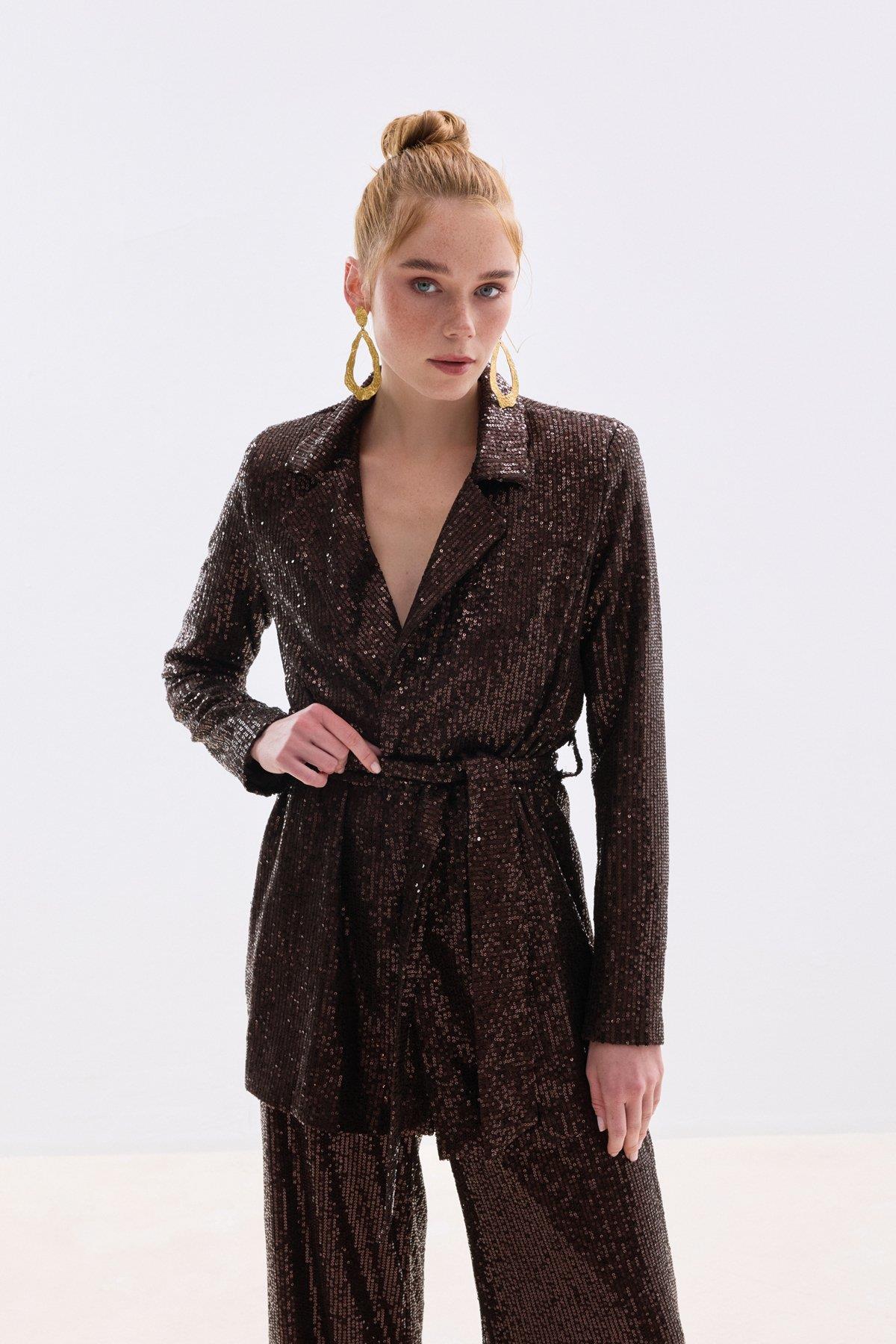 Wholesale Women's Brown Sequined Jacket with Sash 0033-2069-6544