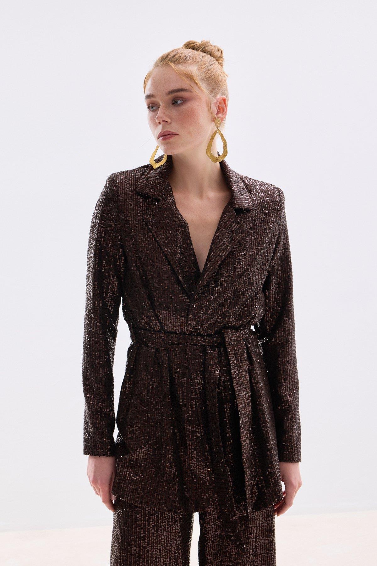 Wholesale Women's Brown Sequined Jacket with Sash 0033-2069-6544