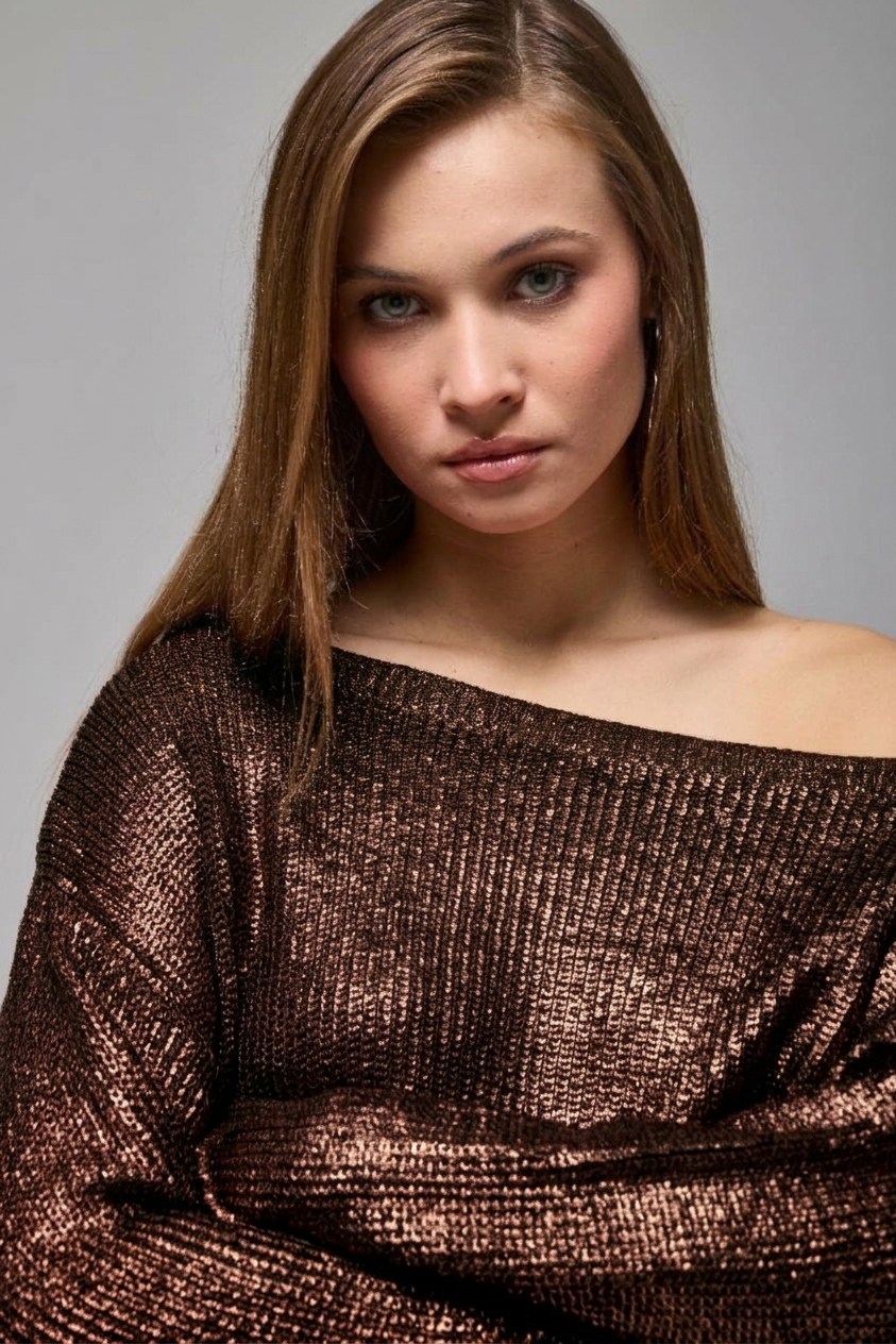 Wholesale Women's Brown Shimmering Ribbed Knit Sweater 0037-3714