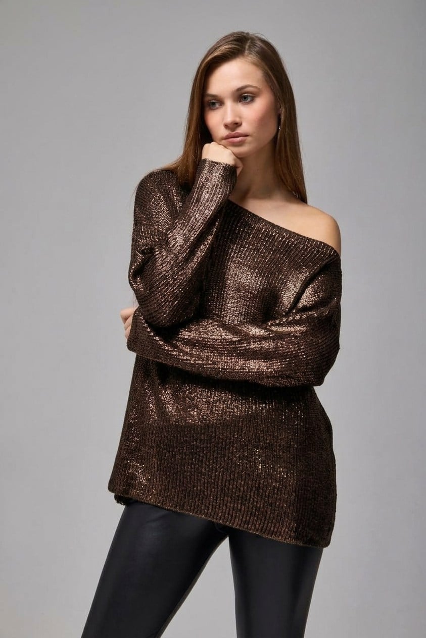 Wholesale Women's Brown Shimmering Ribbed Knit Sweater 0037-3714