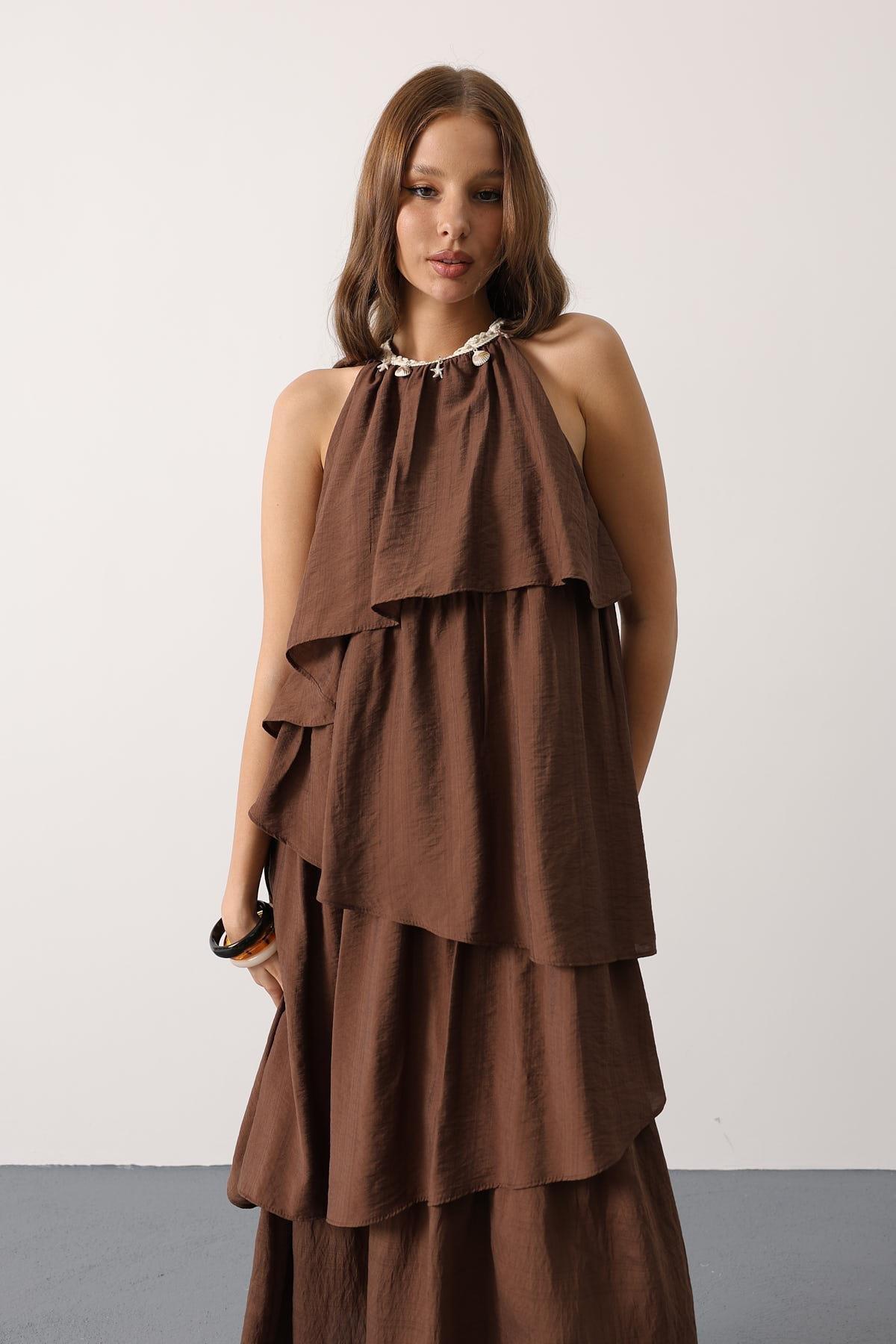 Wholesale Women's Brown Sleeveless Layered Dress with Collar Detail 0061-35499