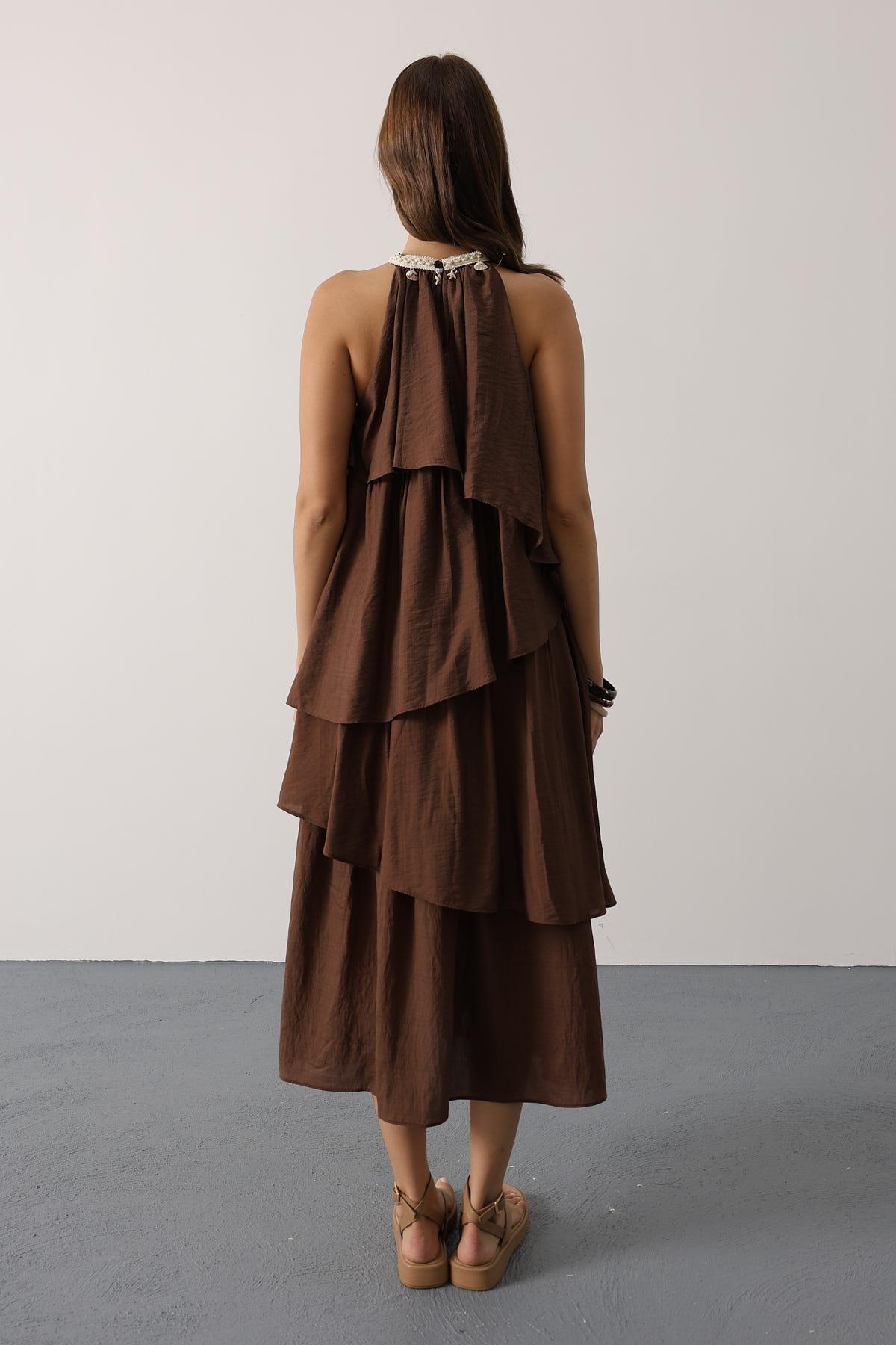 Wholesale Women's Brown Sleeveless Layered Dress with Collar Detail 0061-35499