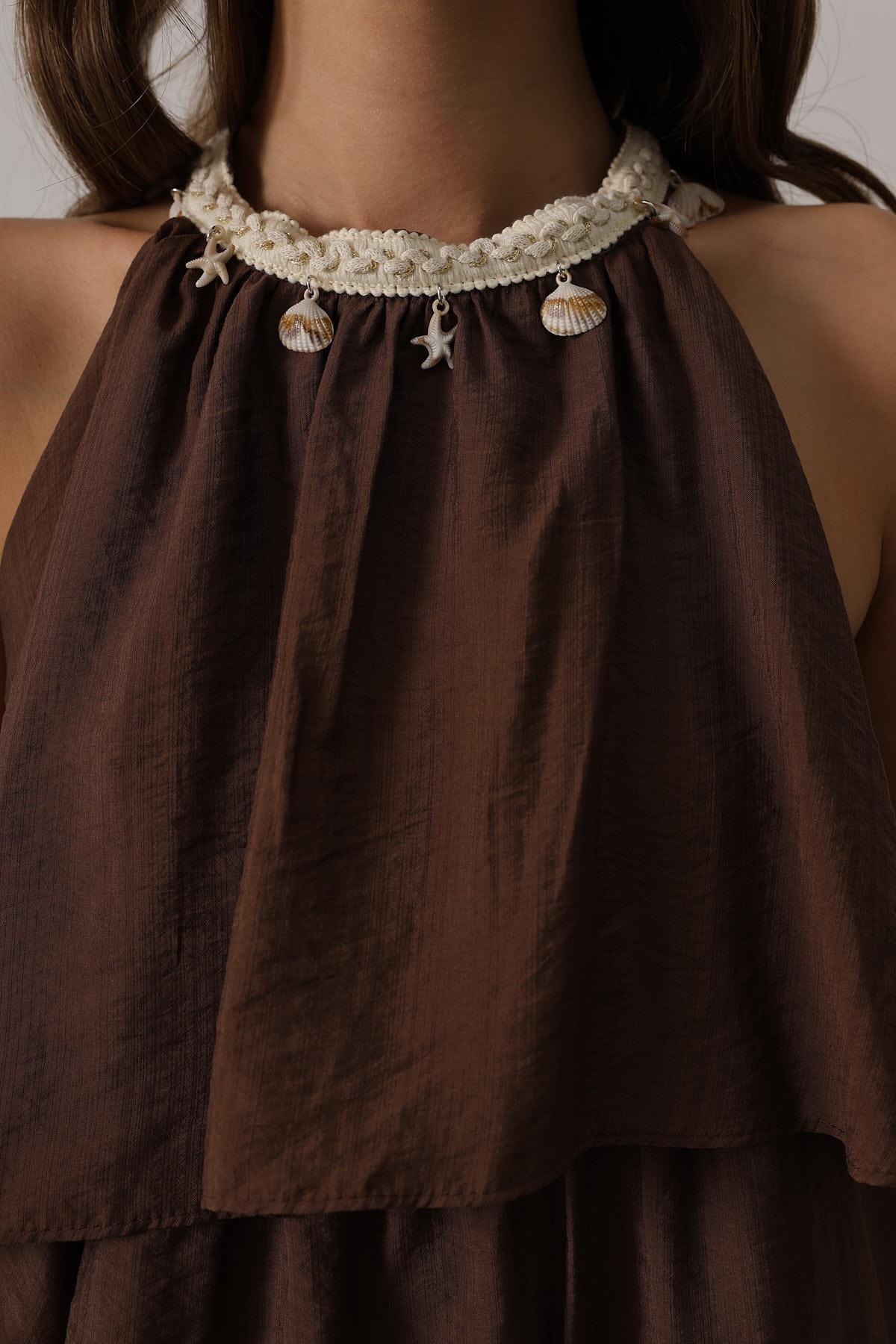 Wholesale Women's Brown Sleeveless Layered Dress with Collar Detail 0061-35499