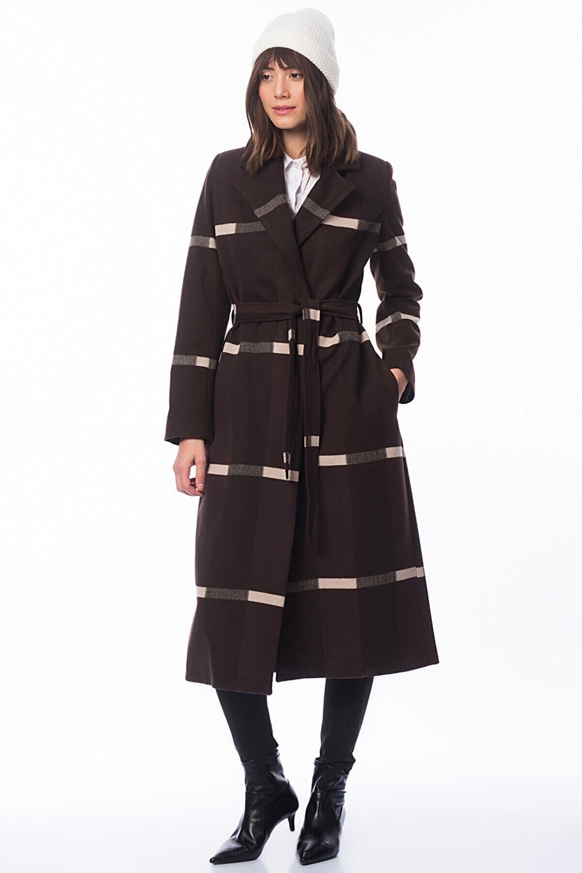 Wholesale Women's Brown Striped Coat