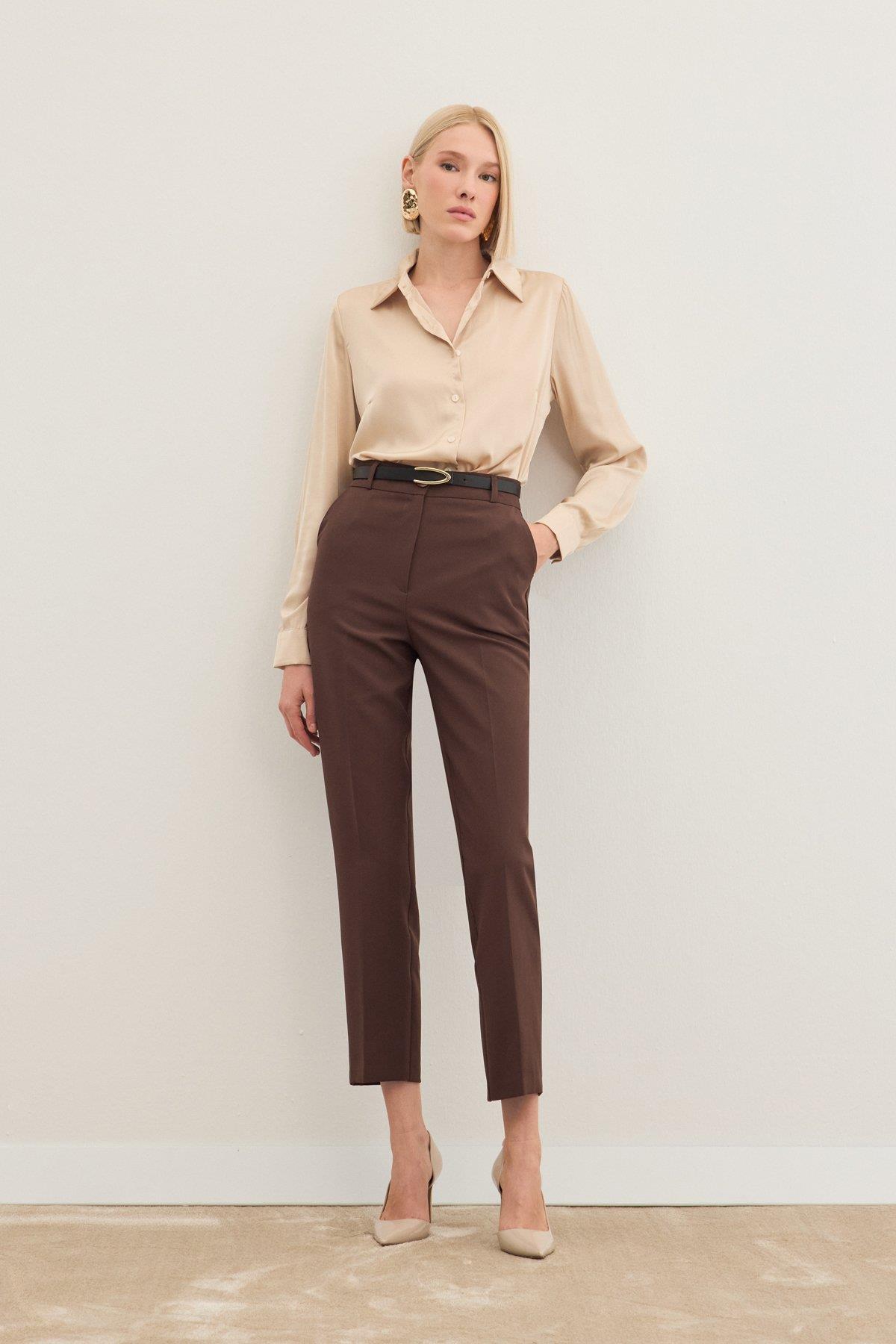 Wholesale Women's Brown Trousers with Belt 0033-1860-5066