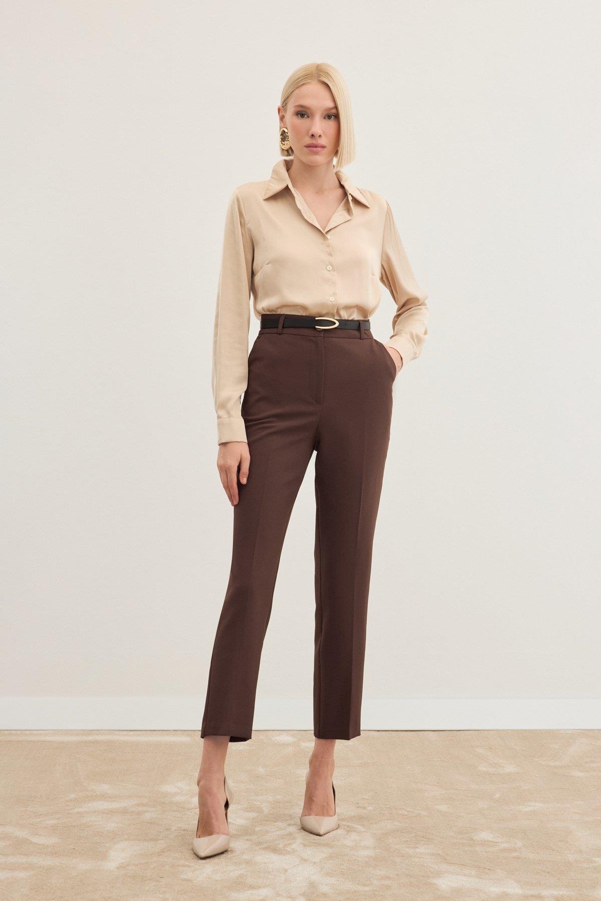 Wholesale Women's Brown Trousers with Belt 0033-1860-5066