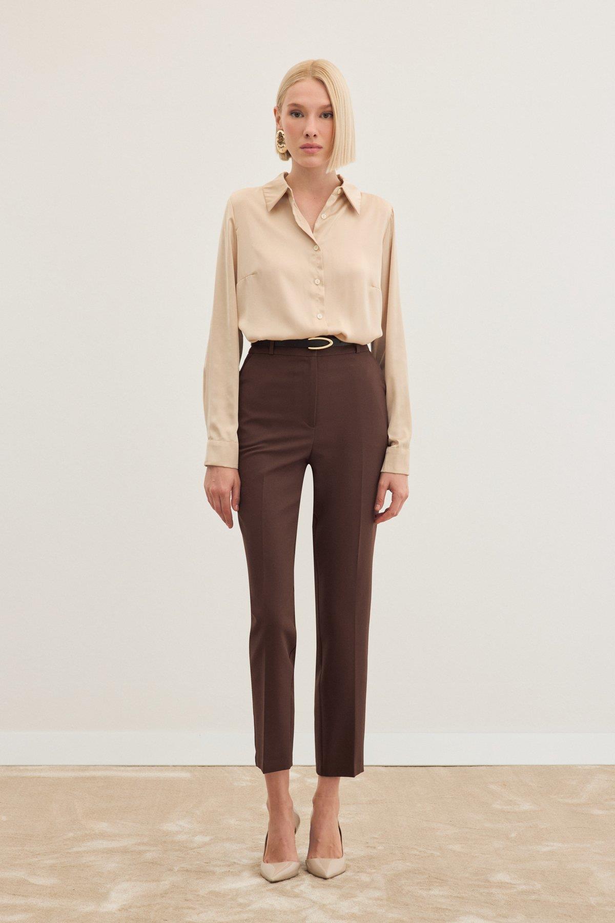 Wholesale Women's Brown Trousers with Belt 0033-1860-5066