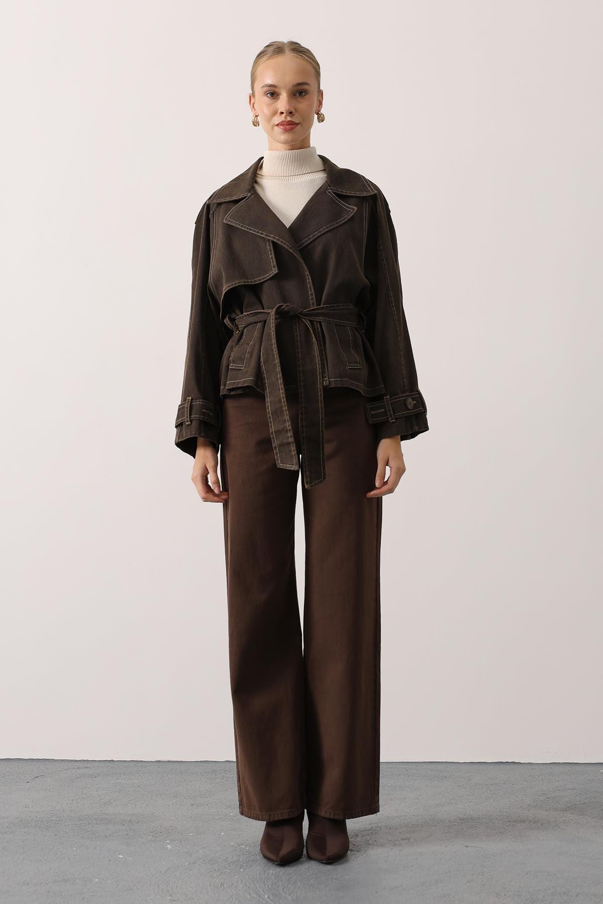 Wholesale Women's Brown Washed Effect Denim Jacket with Belt 0061-38191