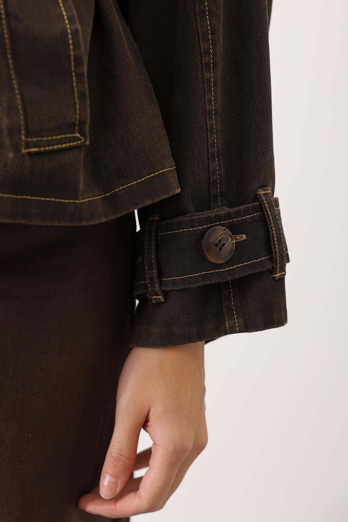 Wholesale Women's Brown Washed Effect Denim Jacket with Belt 0061-38191