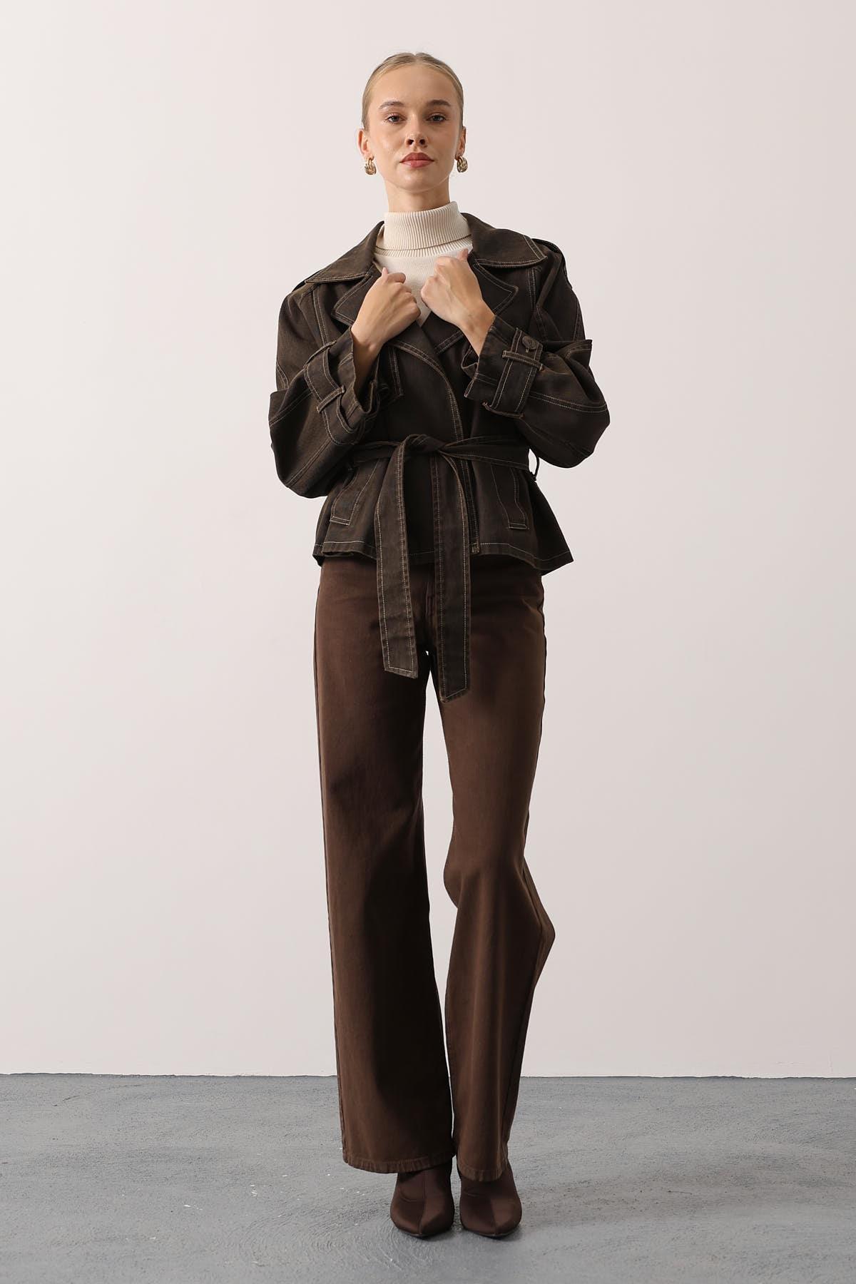 Wholesale Women's Brown Washed Effect Denim Jacket with Belt 0061-38191