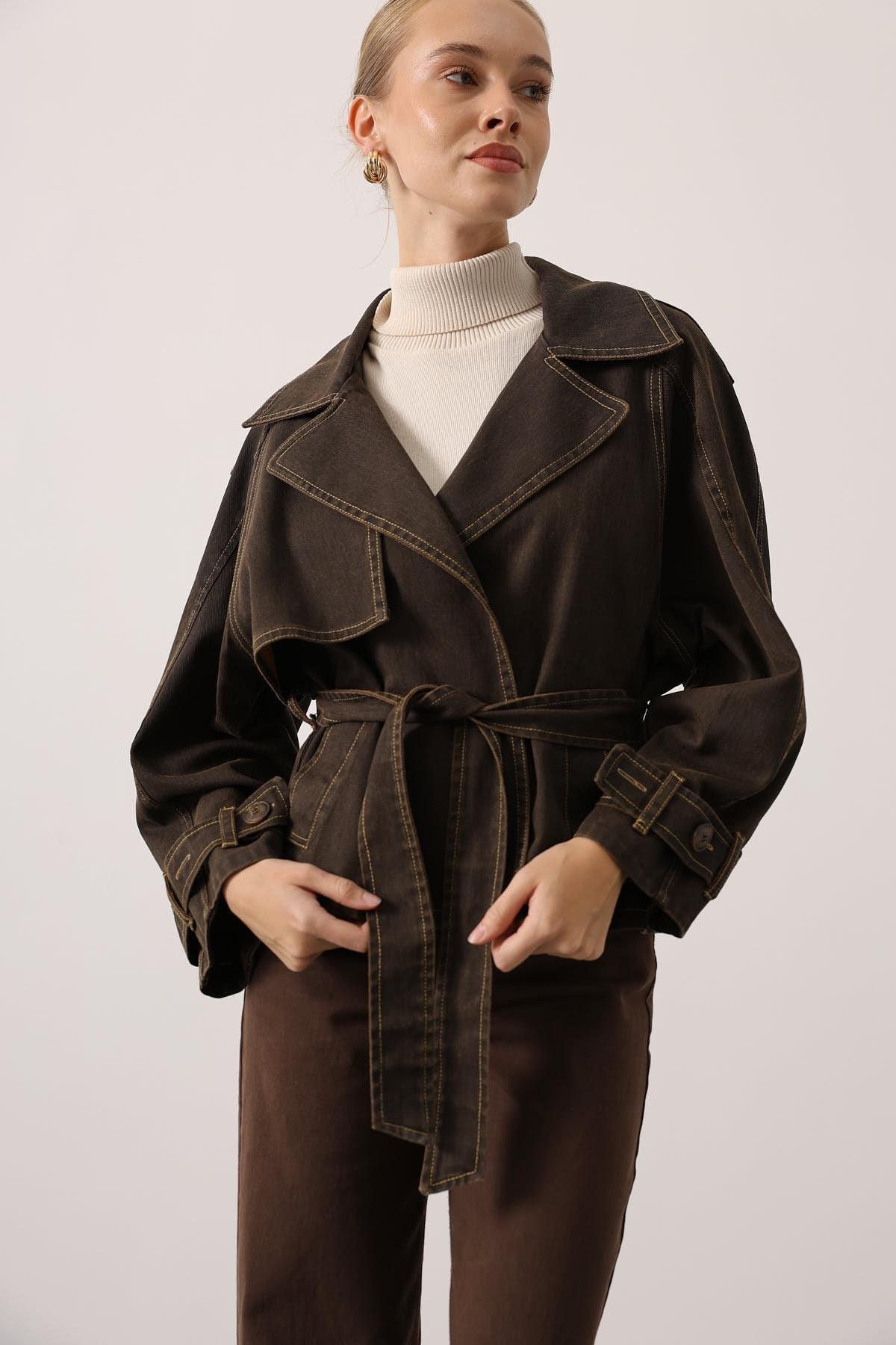 Wholesale Women's Brown Washed Effect Denim Jacket with Belt 0061-38191