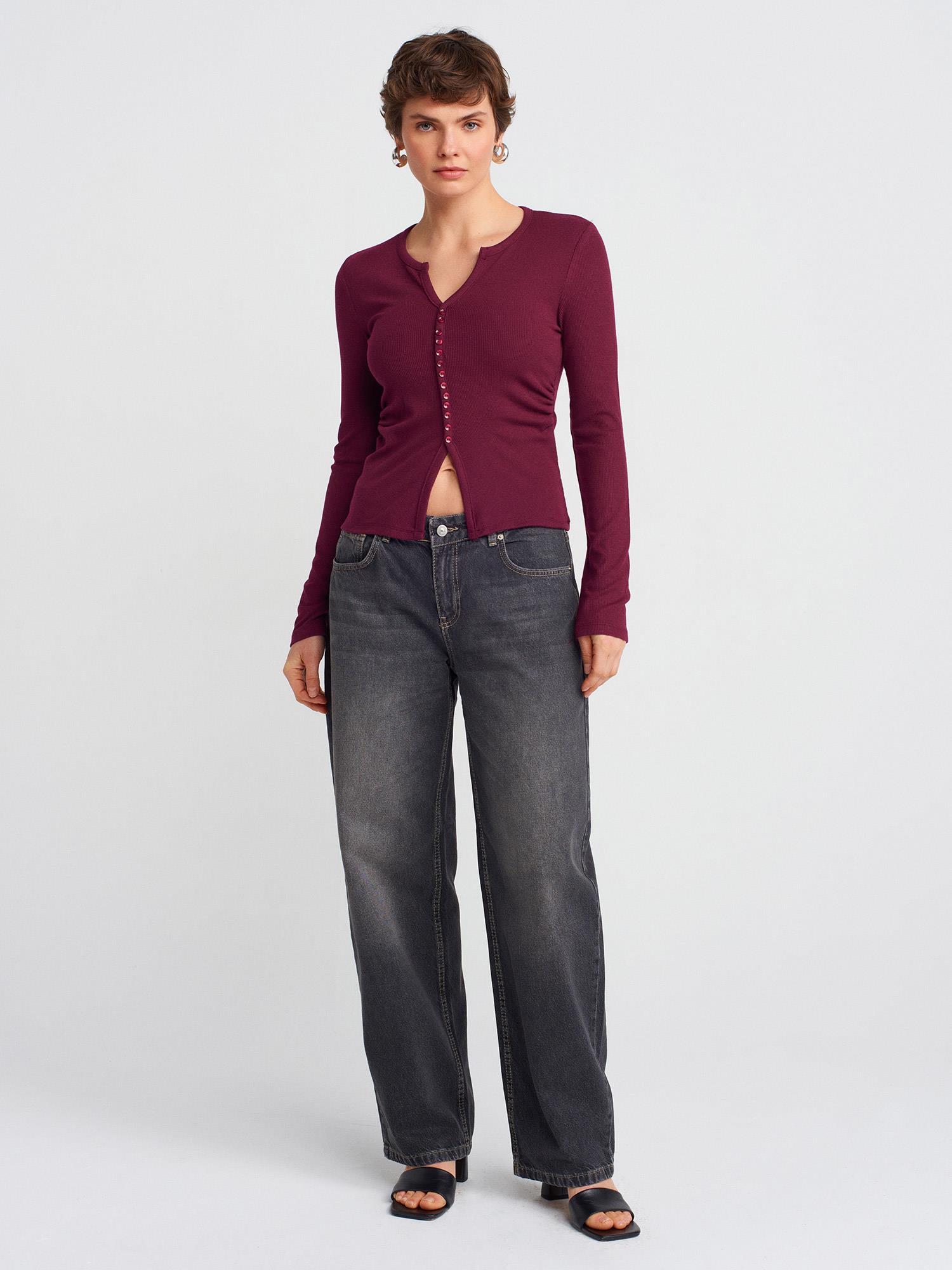 Wholesale Women's Burgundy Button Detailed Gathered Top 0431W26-31548