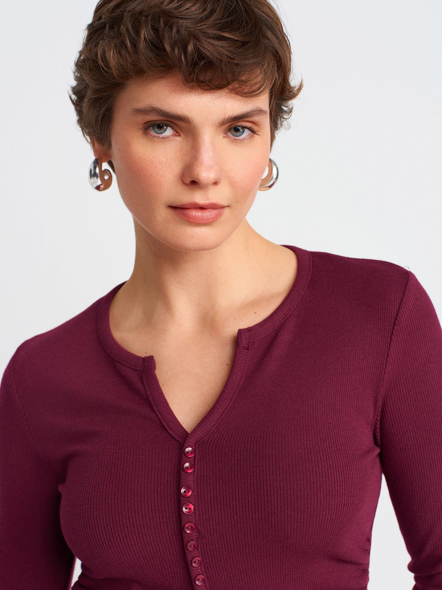 Wholesale Women's Burgundy Button Detailed Gathered Top 0431W26-31548