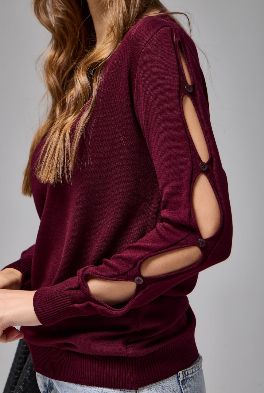 Wholesale Women's Burgundy Buttoned Cut-Out Sleeve Knit Sweater 0037-3727