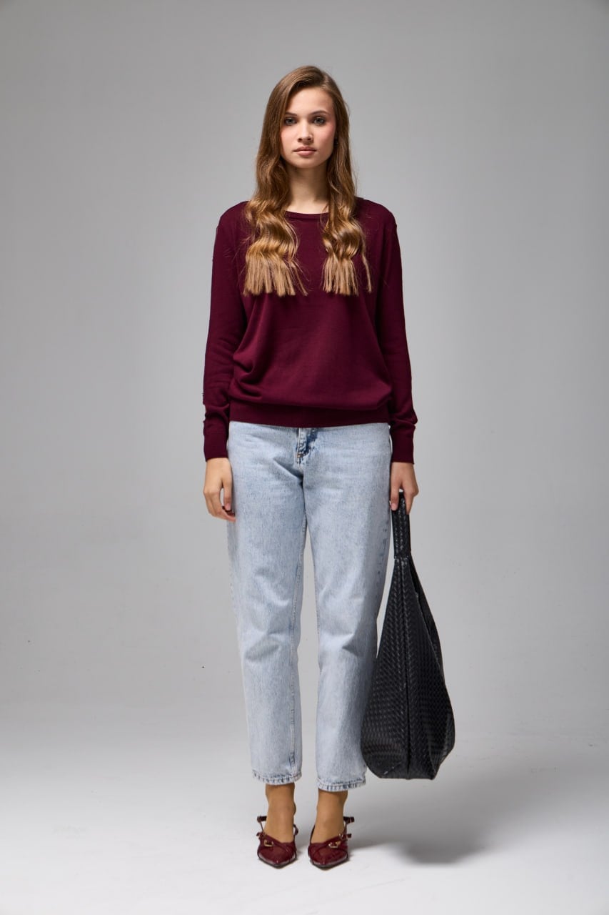 Wholesale Women's Burgundy Buttoned Cut-Out Sleeve Knit Sweater 0037-3727