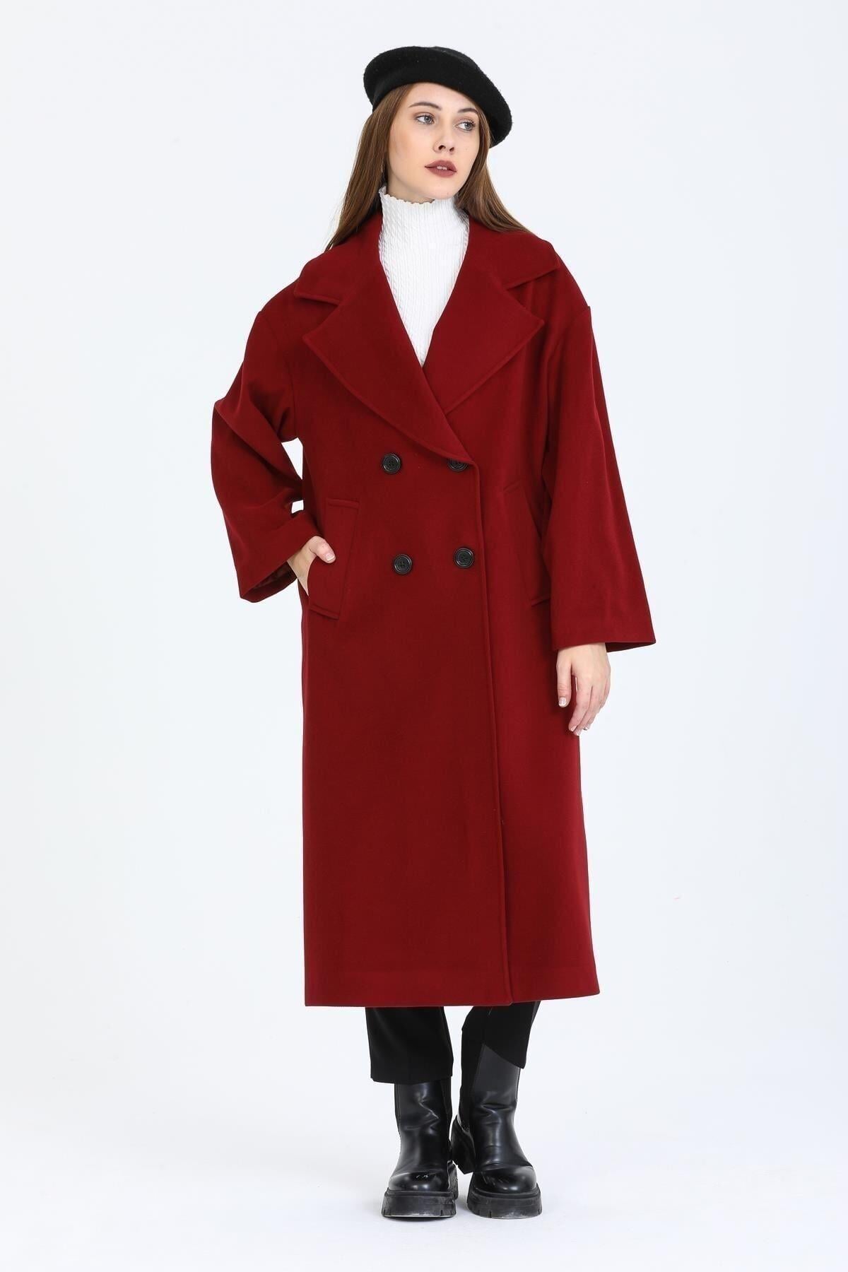 Wholesale Women's Burgundy Buttoned Oversized Buttoned Coat