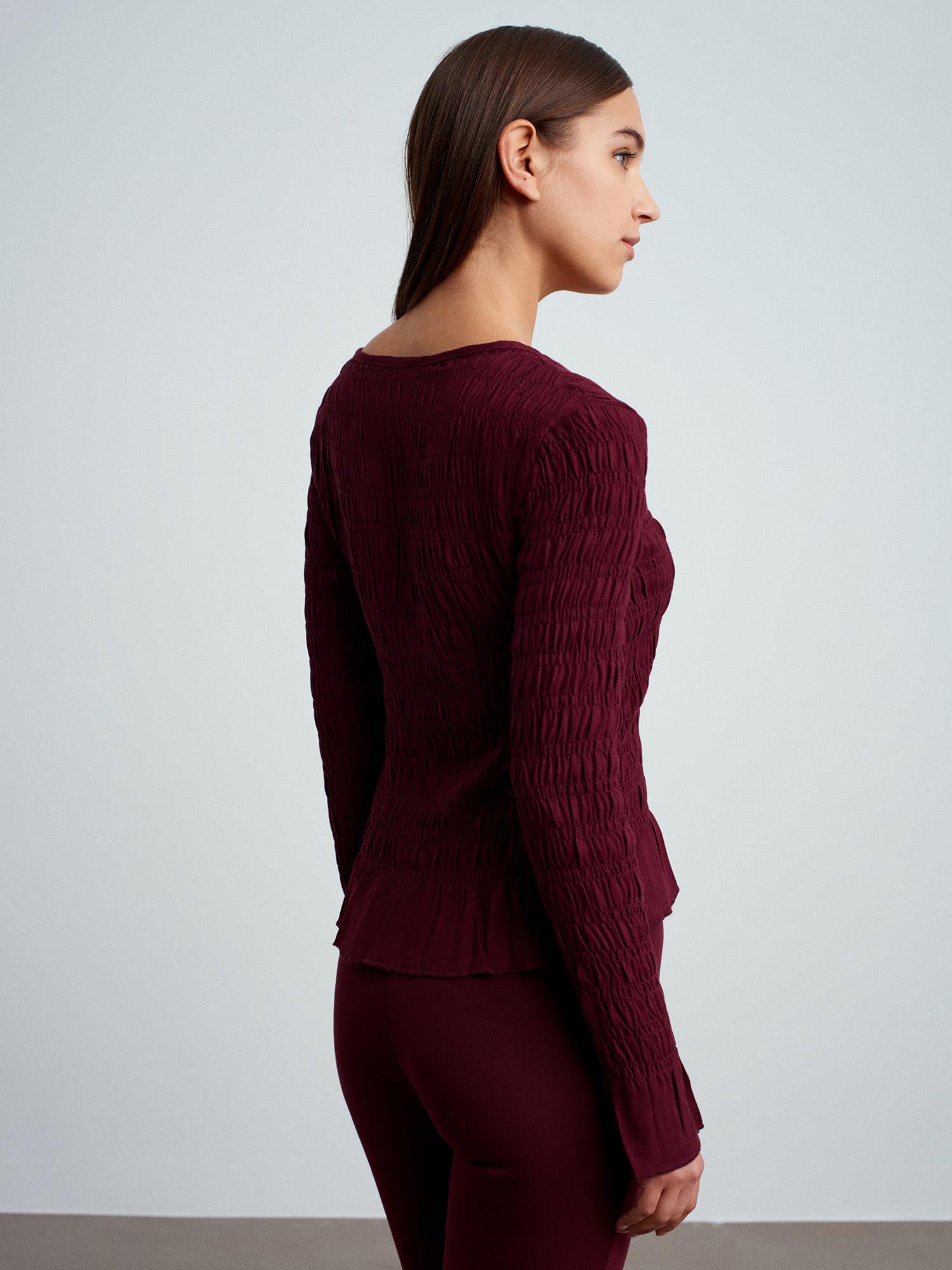 Wholesale Women's Burgundy Buttoned Shirred Knit Top 0431-50926