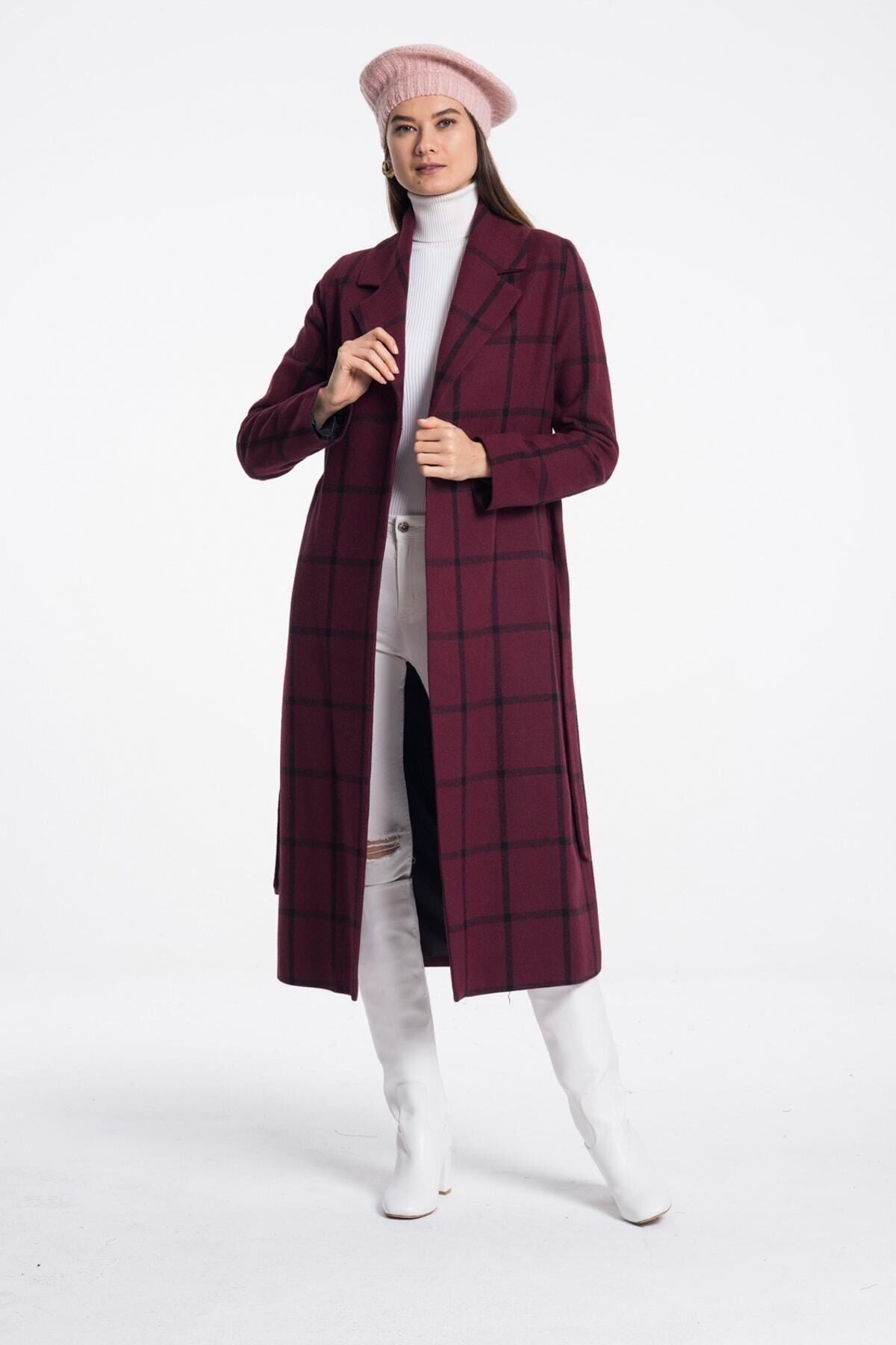 Wholesale Women's Burgundy Checkered Coat