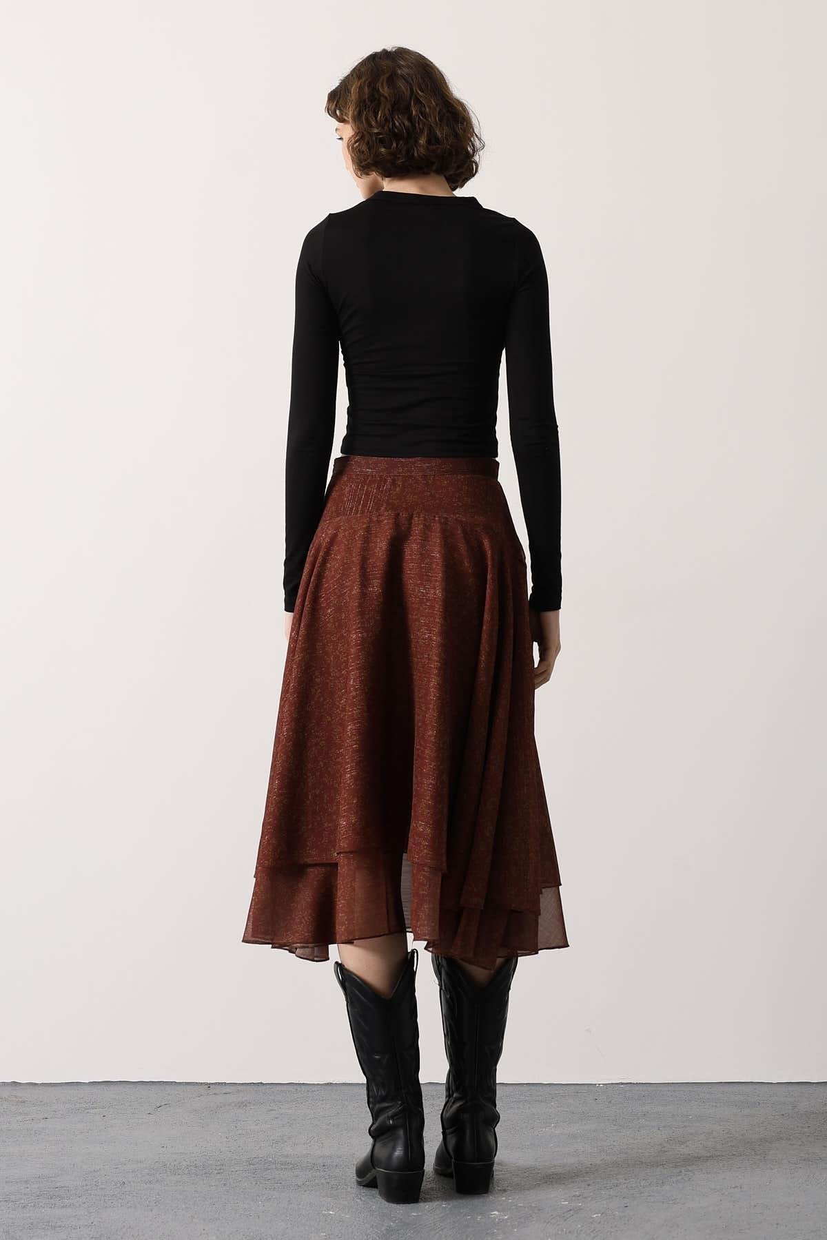 Wholesale Women's Burgundy Chiffon Layered Midi Skirt 0061-37197