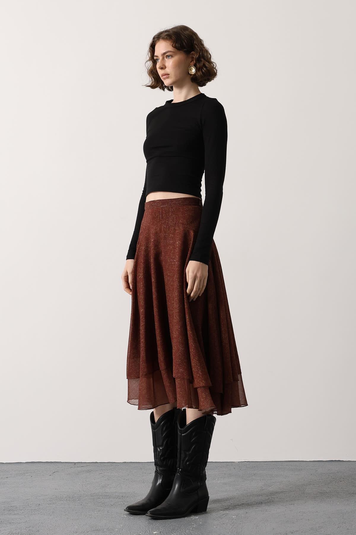 Wholesale Women's Burgundy Chiffon Layered Midi Skirt 0061-37197