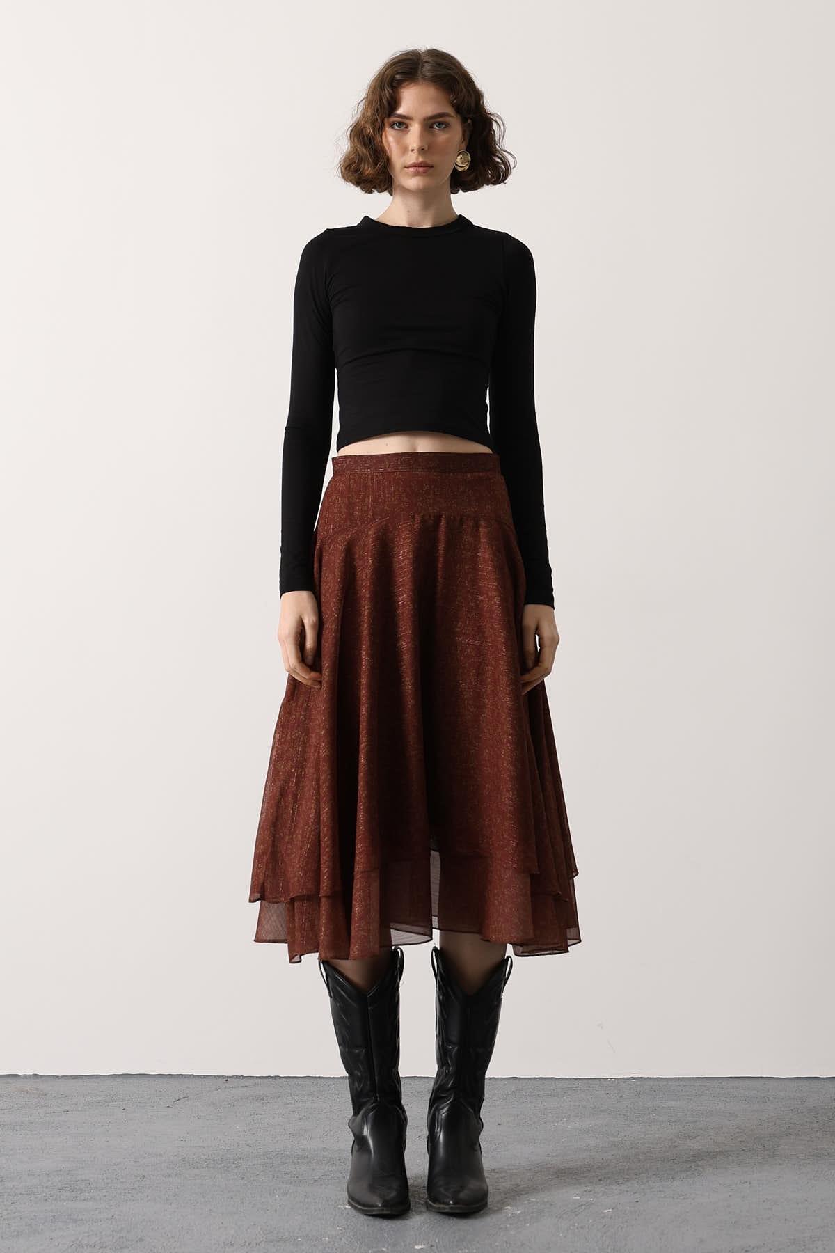 Wholesale Women's Burgundy Chiffon Layered Midi Skirt 0061-37197