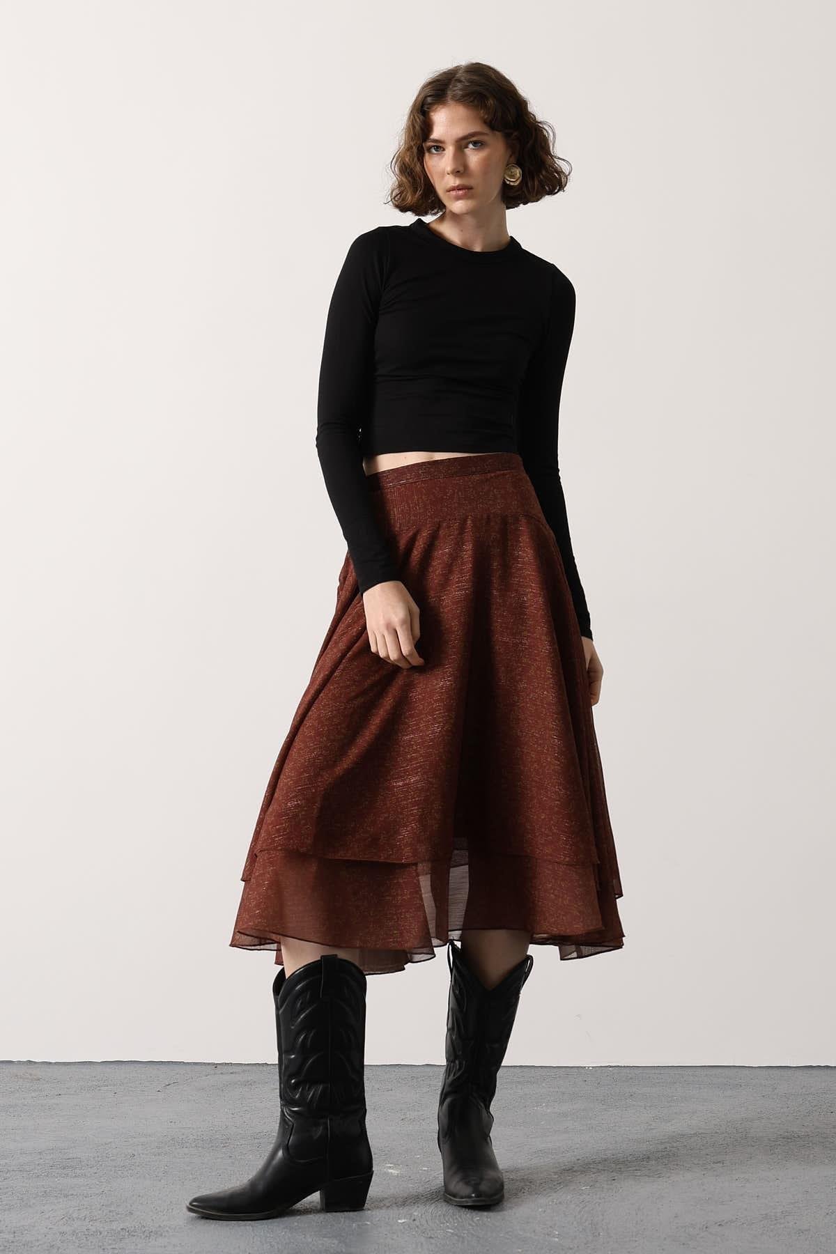 Wholesale Women's Burgundy Chiffon Layered Midi Skirt 0061-37197