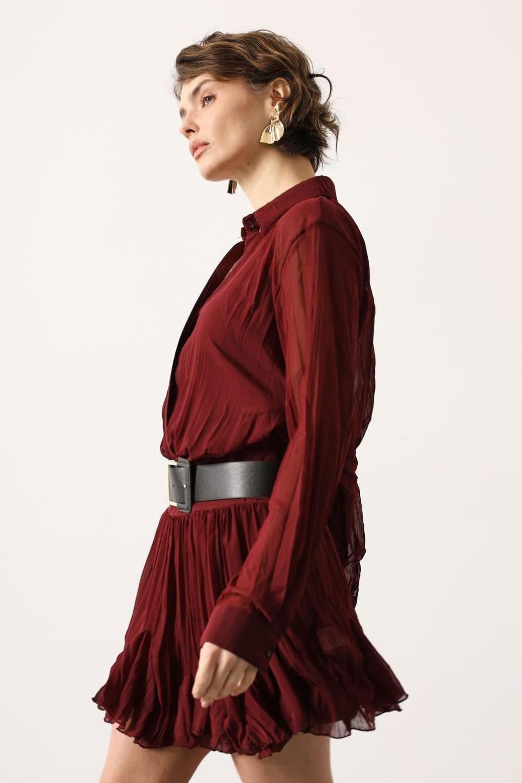 Wholesale Women's Burgundy Chiffon Mini Dress with Belt 0061-35537