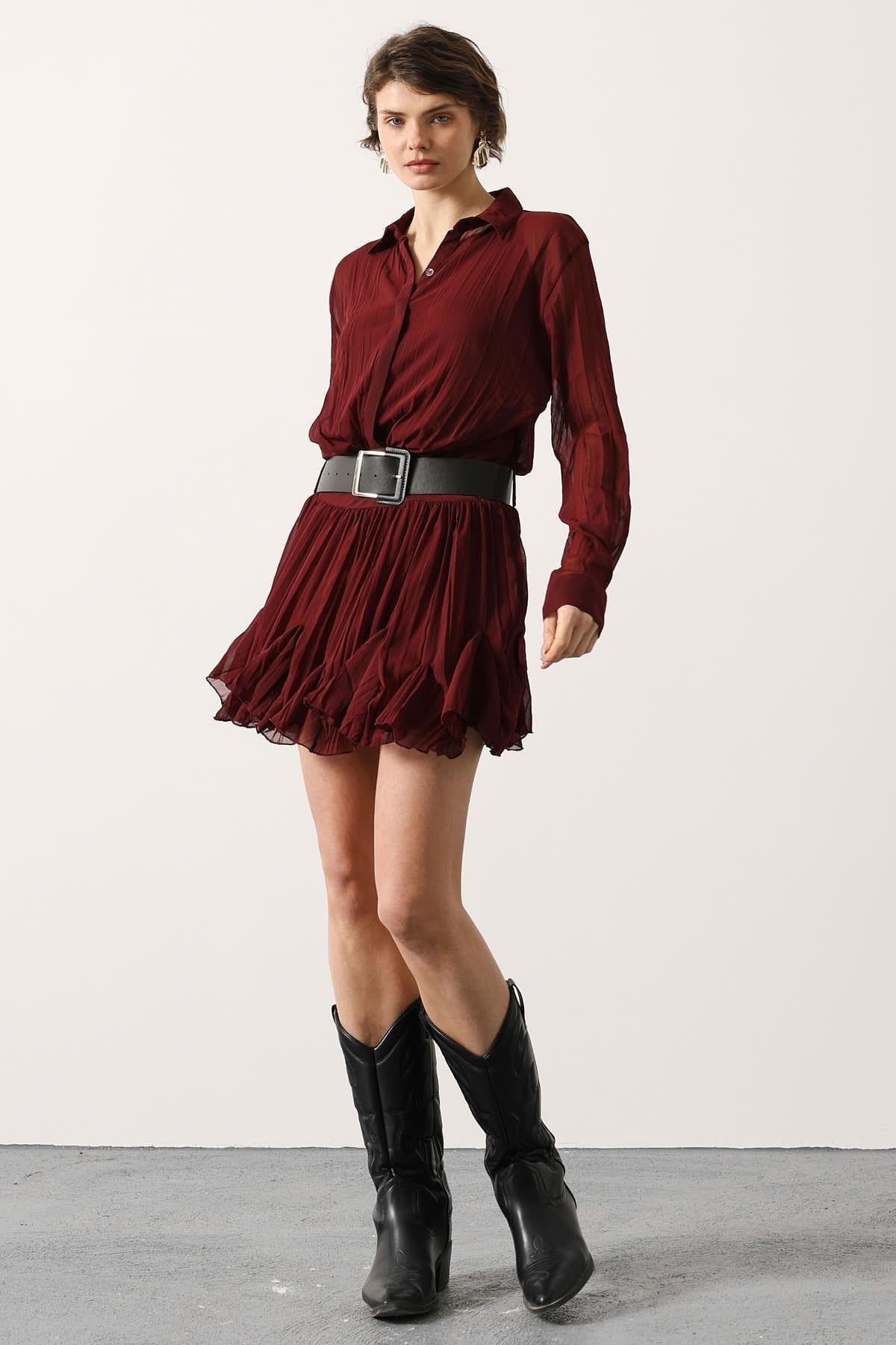Wholesale Women's Burgundy Chiffon Mini Dress with Belt 0061-35537