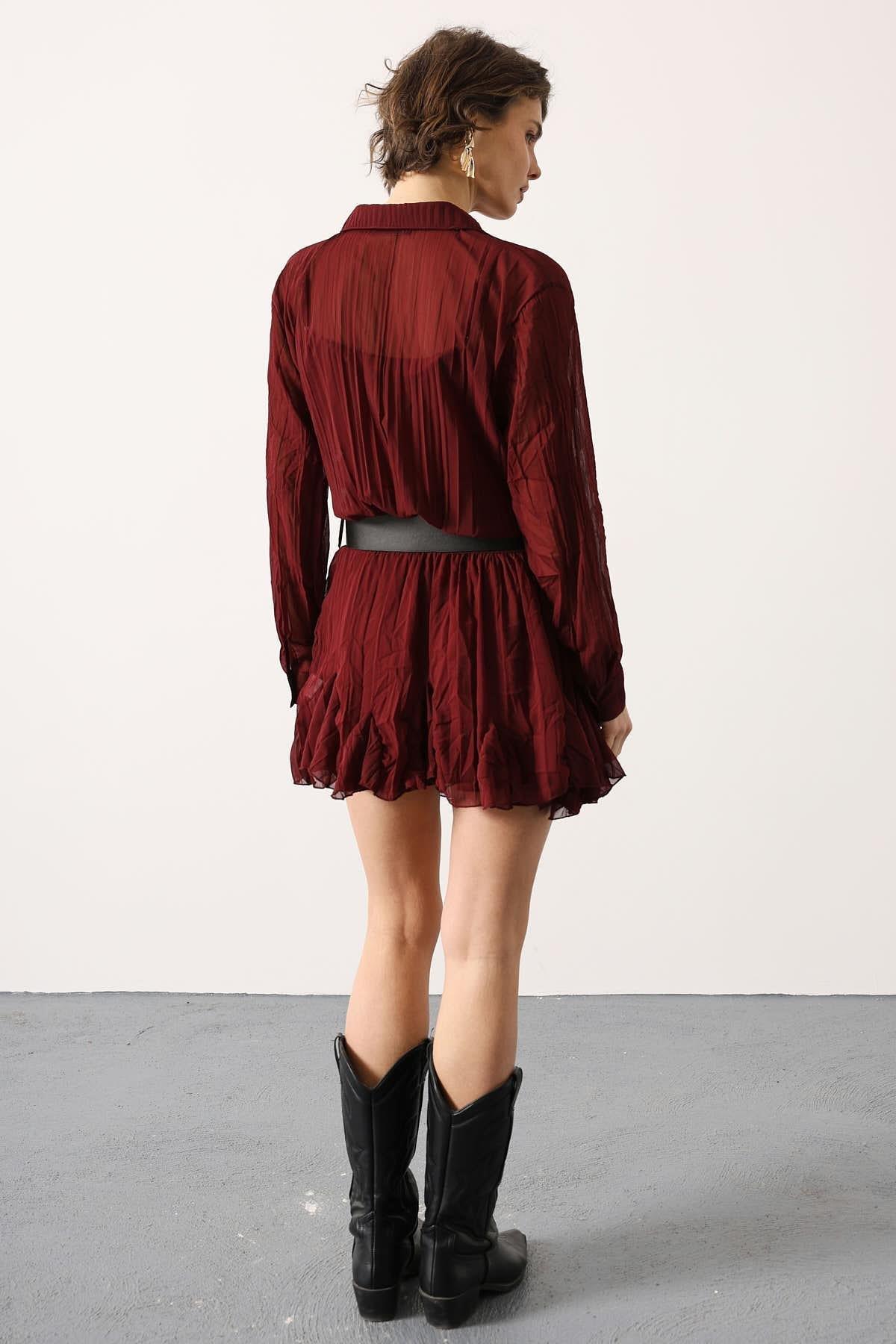 Wholesale Women's Burgundy Chiffon Mini Dress with Belt 0061-35537