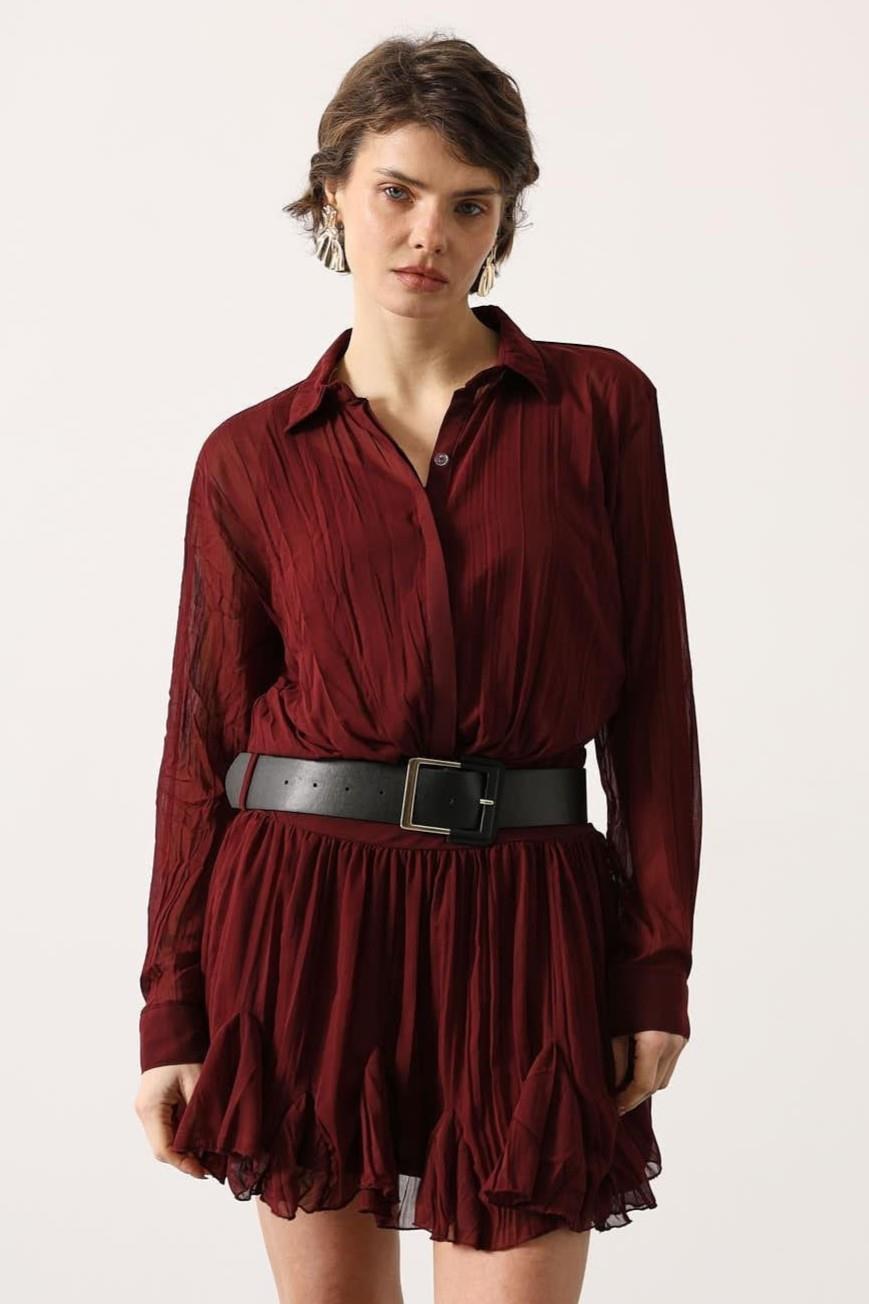 Wholesale Women's Burgundy Chiffon Mini Dress with Belt 0061-35537