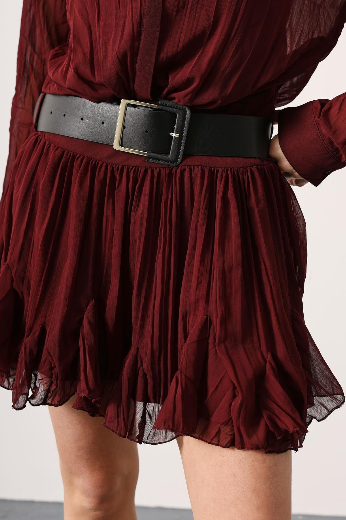Wholesale Women's Burgundy Chiffon Mini Dress with Belt 0061-35537