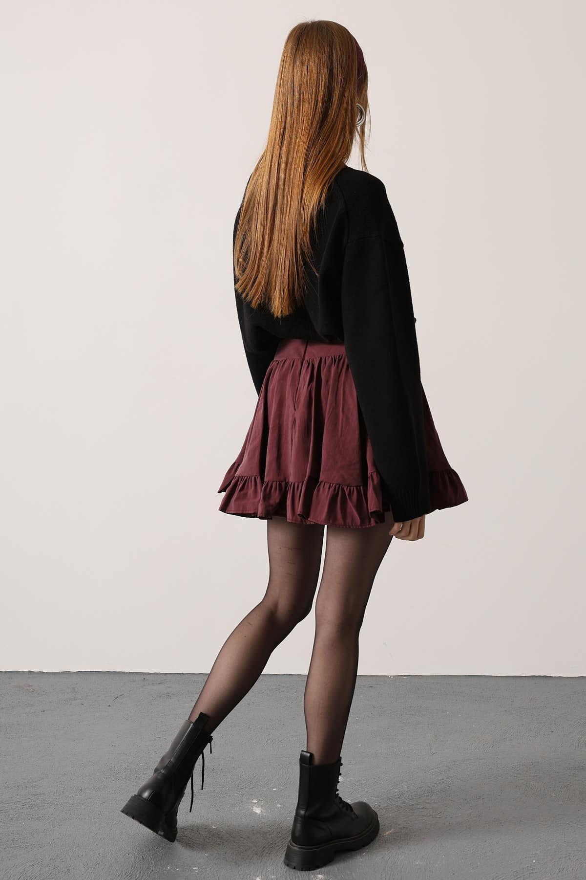 Wholesale Women's Burgundy Corset-Waist Ruffled Mini Skirt 0061-37211