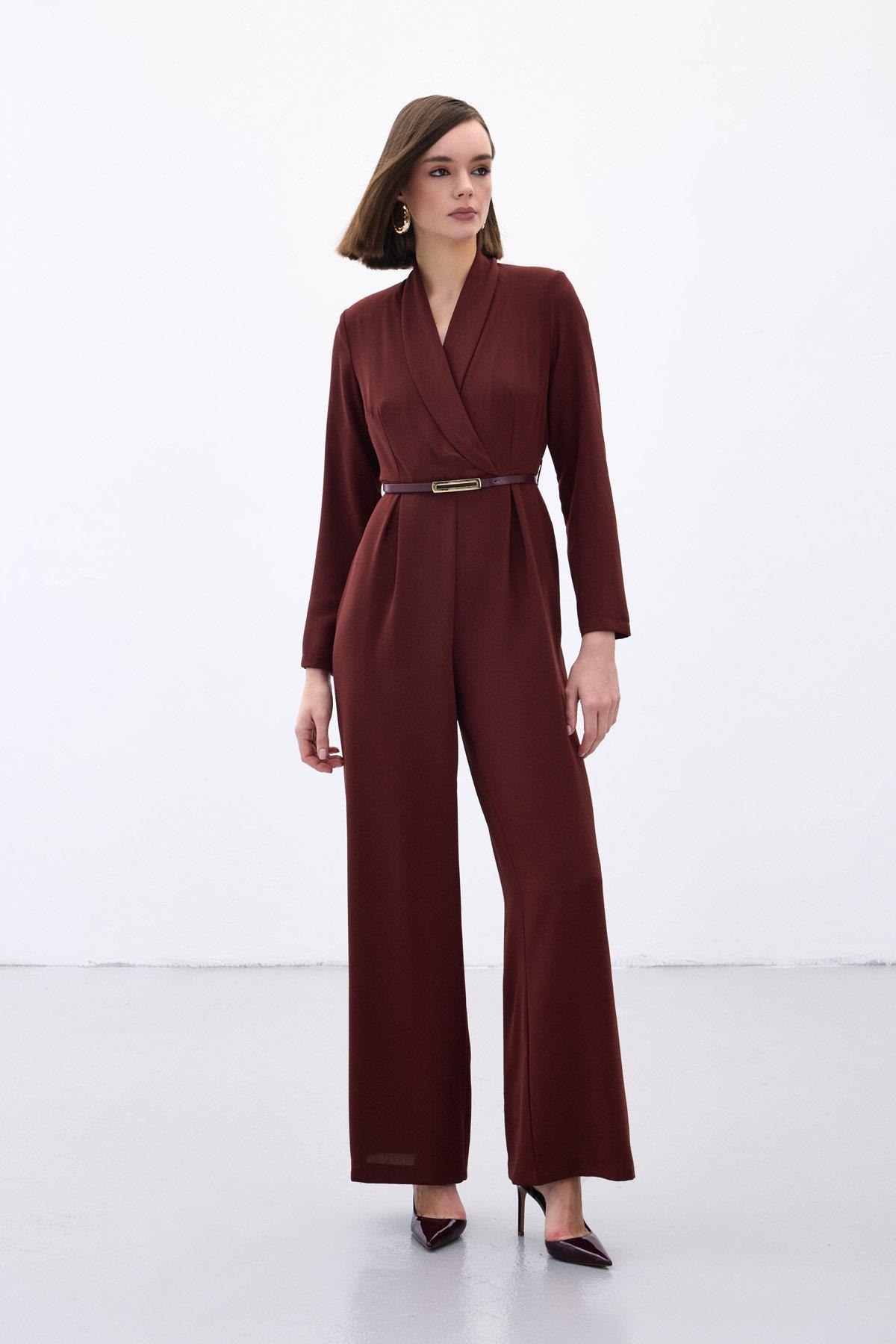 Wholesale Women's Burgundy Crepe Jumpsuit with Belt 0033-2063-7503