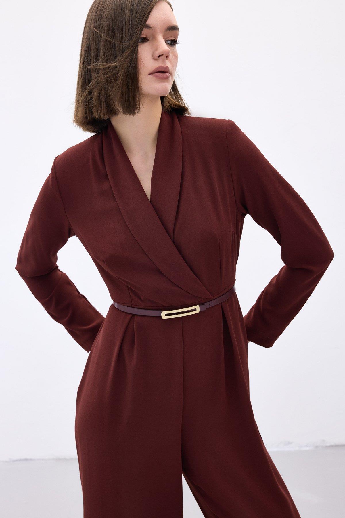 Wholesale Women's Burgundy Crepe Jumpsuit with Belt 0033-2063-7503