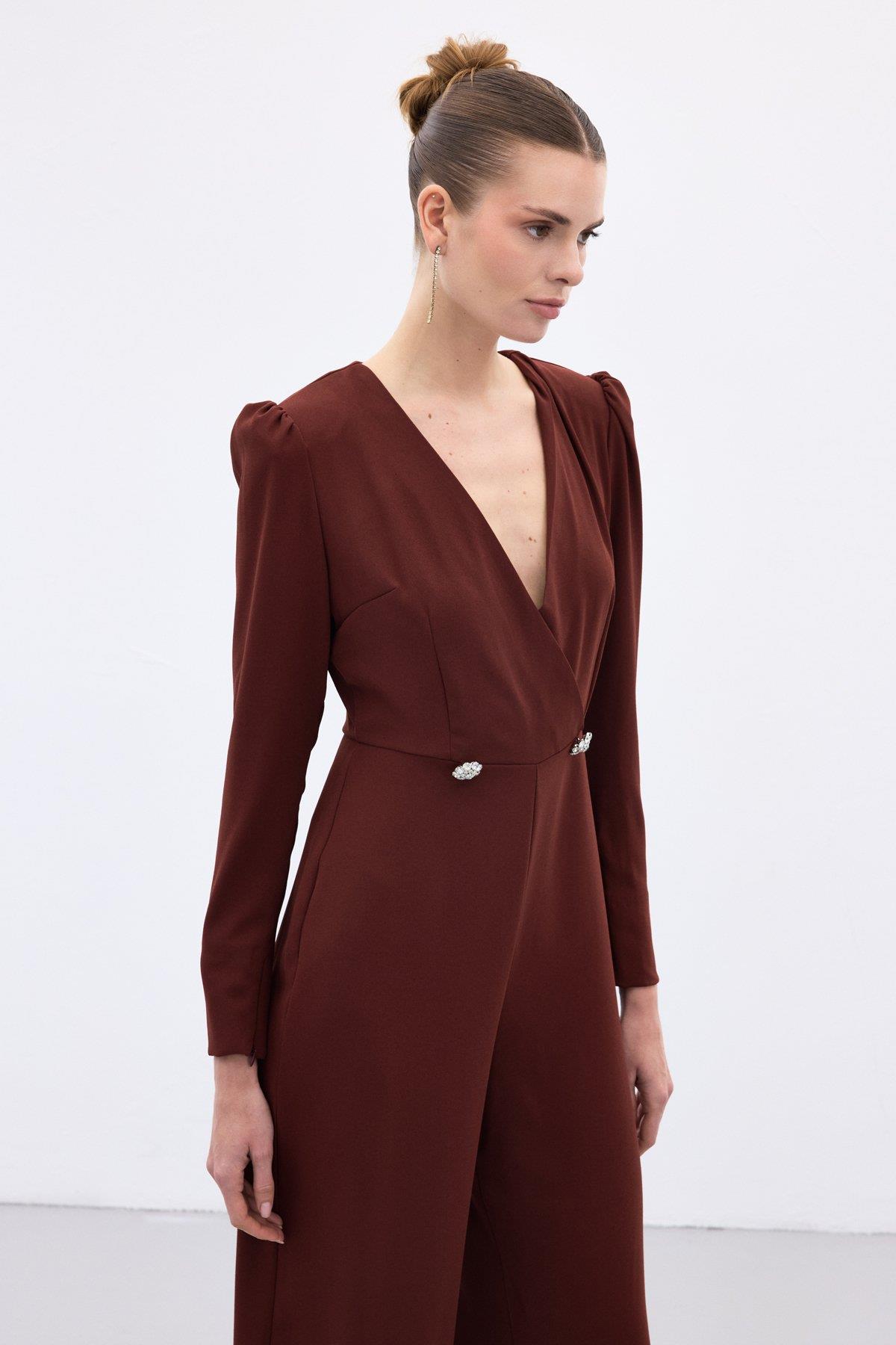 Wholesale Women's Burgundy Crepe Jumpsuit with Rhinestone Accessories 0033-849-7001