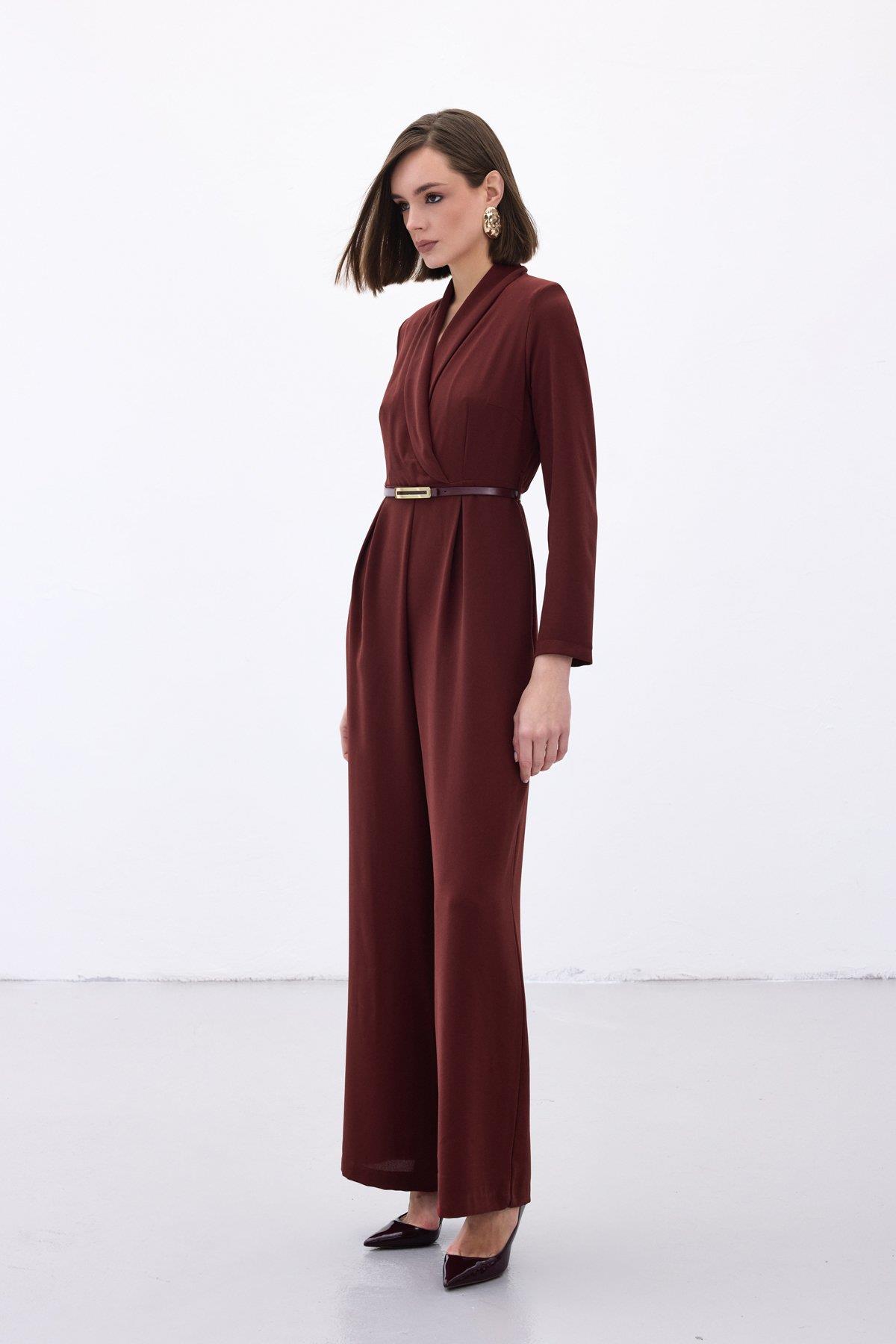 Wholesale Women's Burgundy Crepe Jumpsuit with Belt 0033-2063-7503