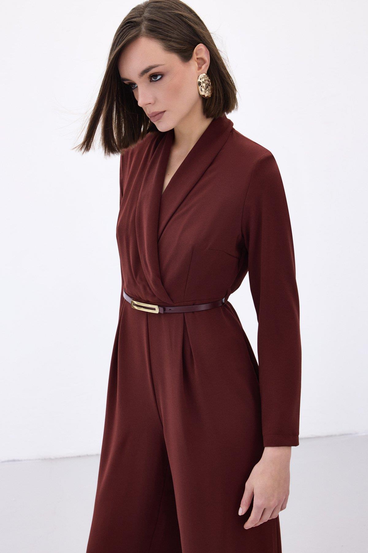 Wholesale Women's Burgundy Crepe Jumpsuit with Belt 0033-2063-7503
