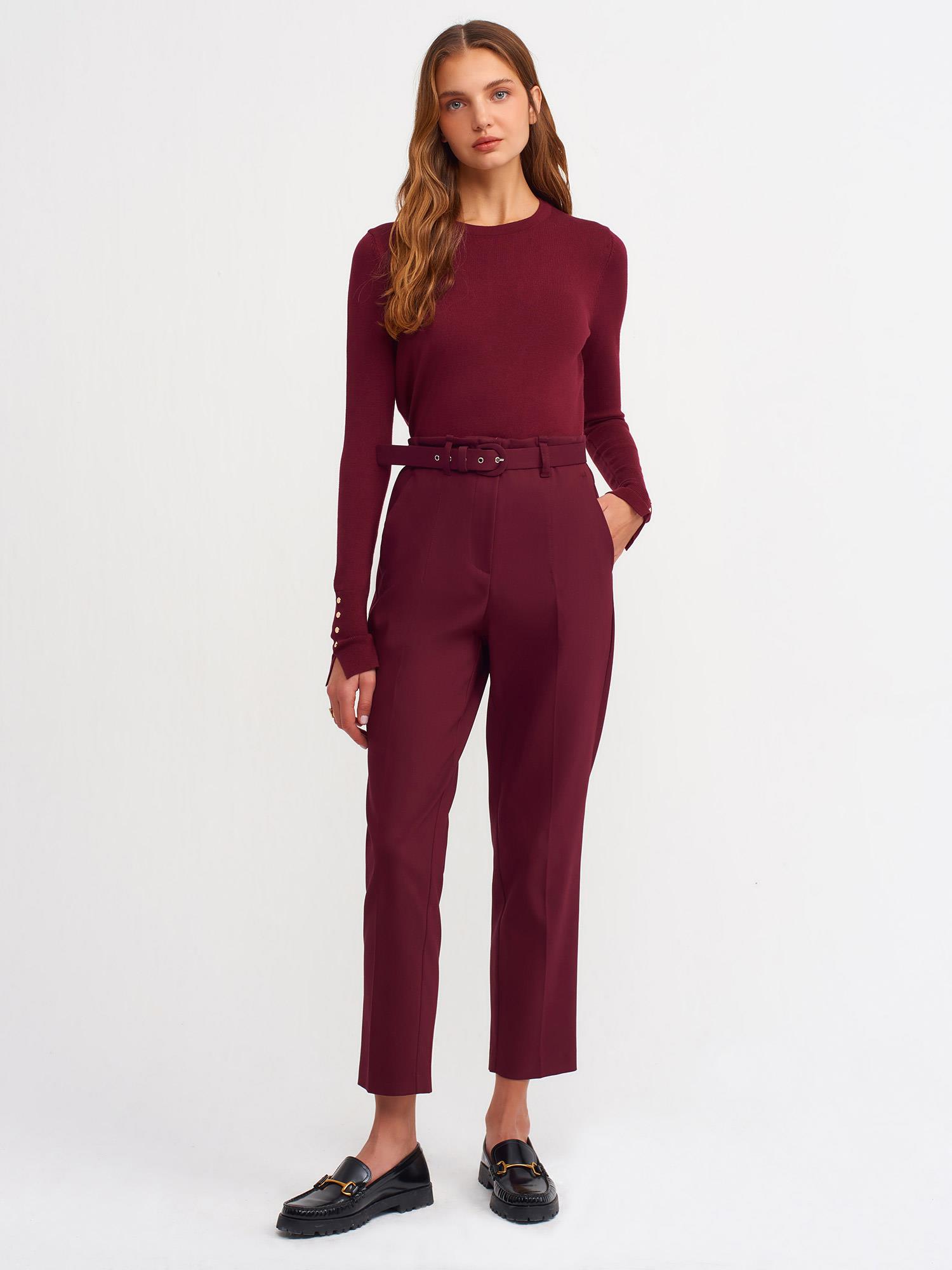 Wholesale Women's Burgundy Crew-Neck Knit Blouse with Snap-Button Wide Cuffs 0431W26-1267