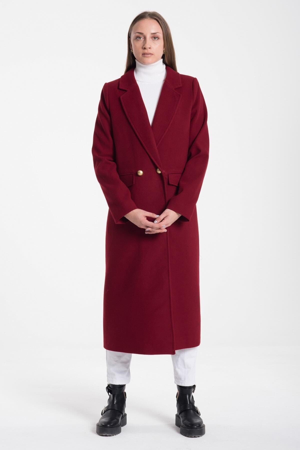 Wholesale Women's Burgundy Gold Buttoned Long Coat