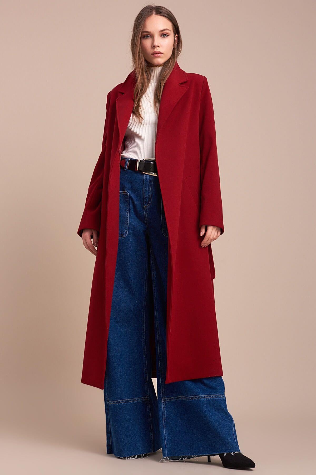 Wholesale Women's Burgundy Lapel Long Coat