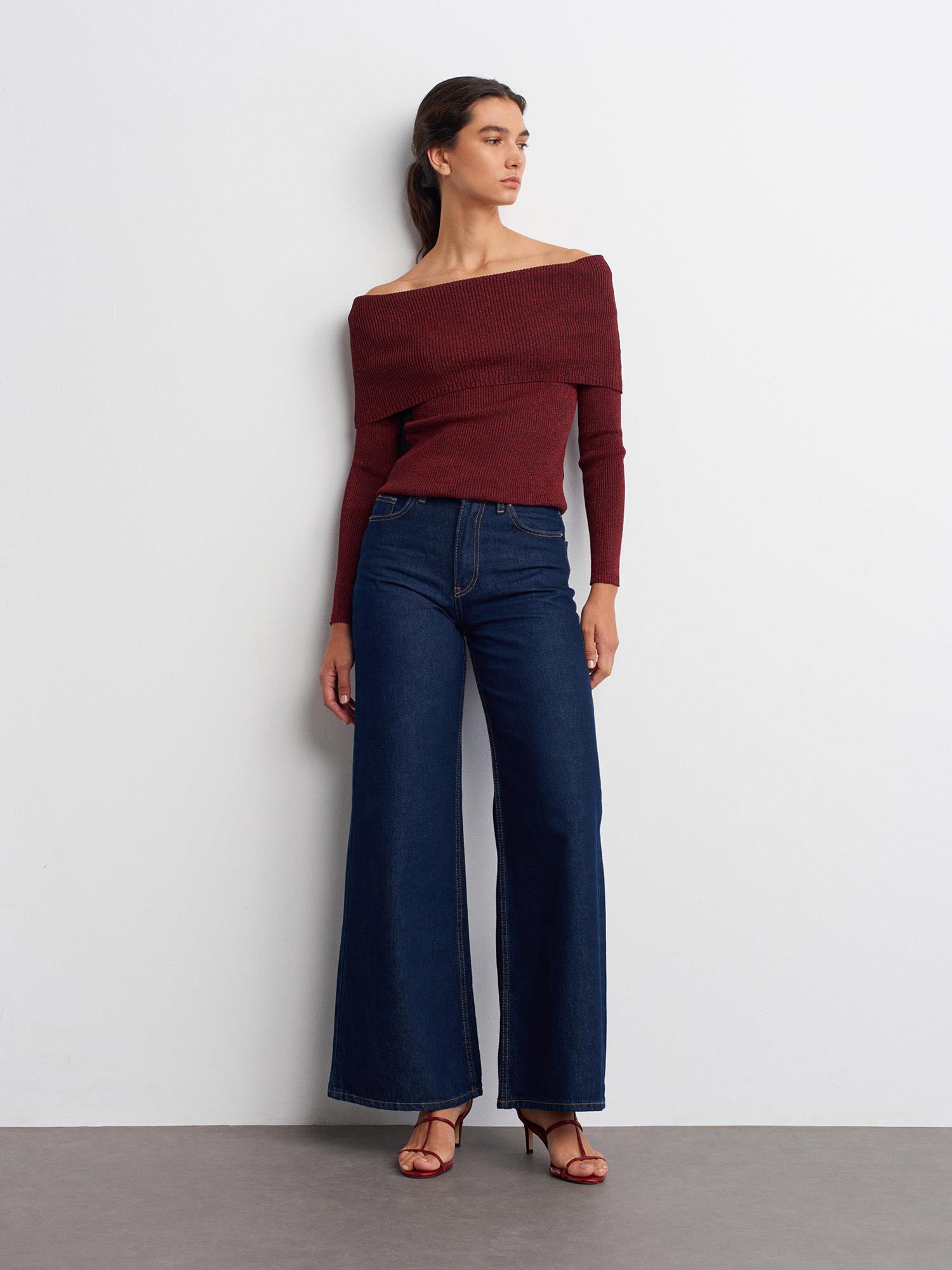 Wholesale Women's Burgundy Lurex Ribbed Knit Sweater with Carmen Collar 0431W26-10808