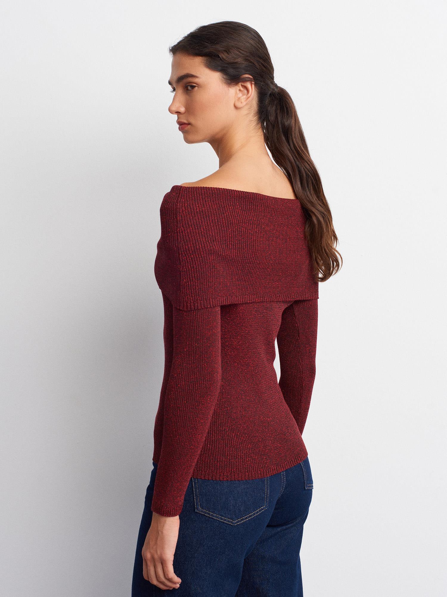 Wholesale Women's Burgundy Lurex Ribbed Knit Sweater with Carmen Collar 0431W26-10808