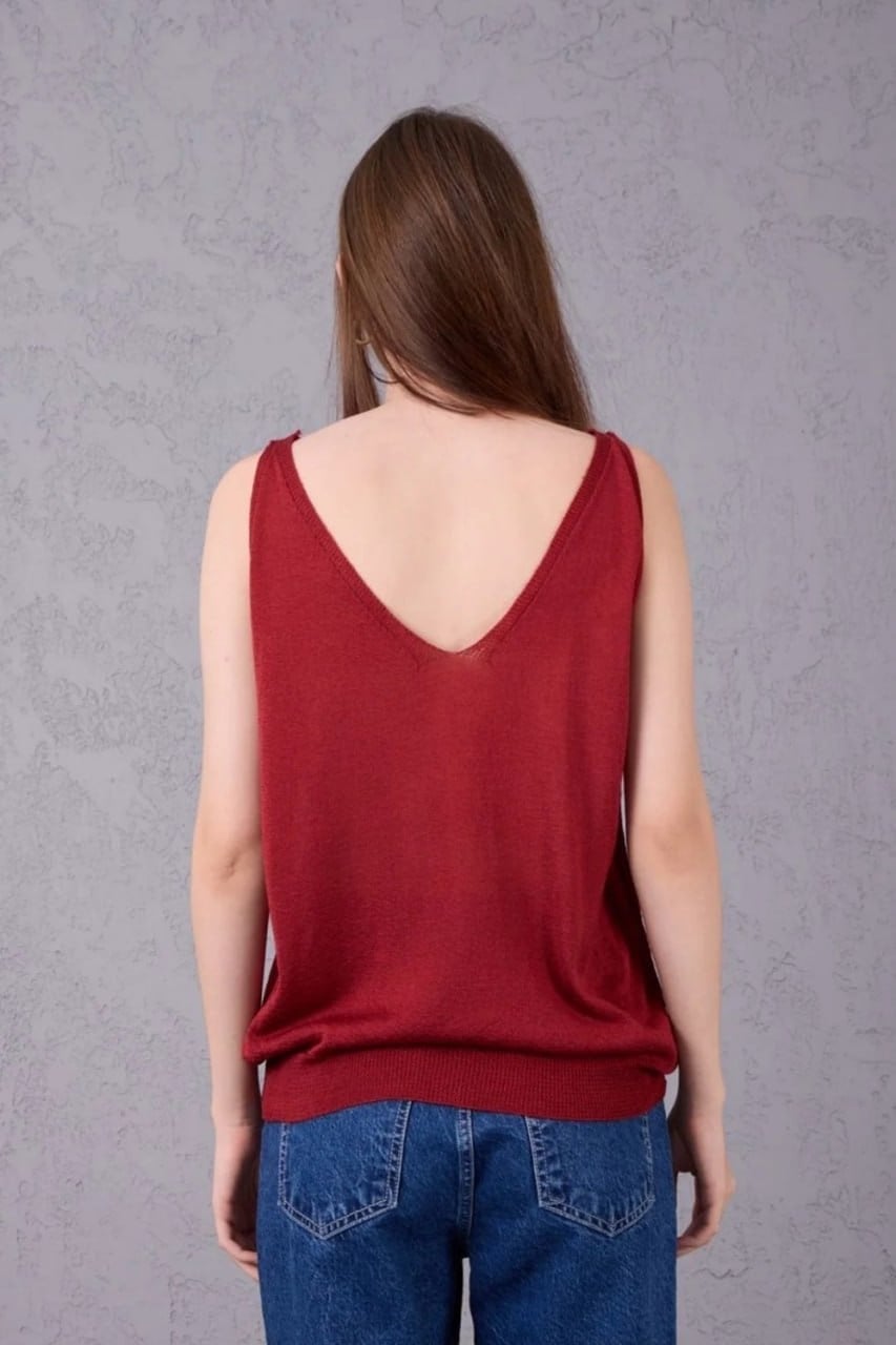 Wholesale Women's Burgundy Mercerized Knit Top with Front and Back V-Neck 0037-3360