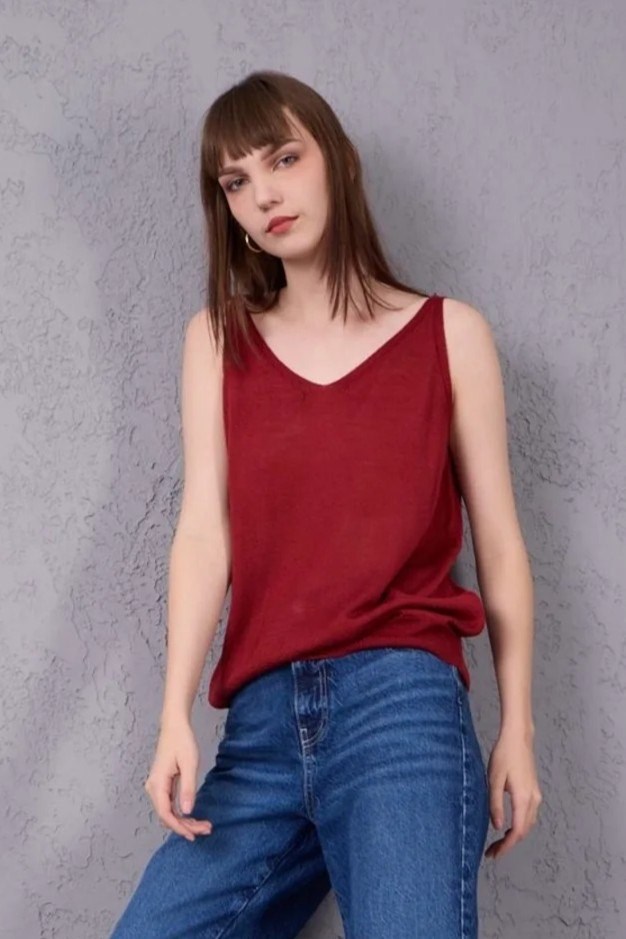 Wholesale Women's Burgundy Mercerized Knit Top with Front and Back V-Neck 0037-3360