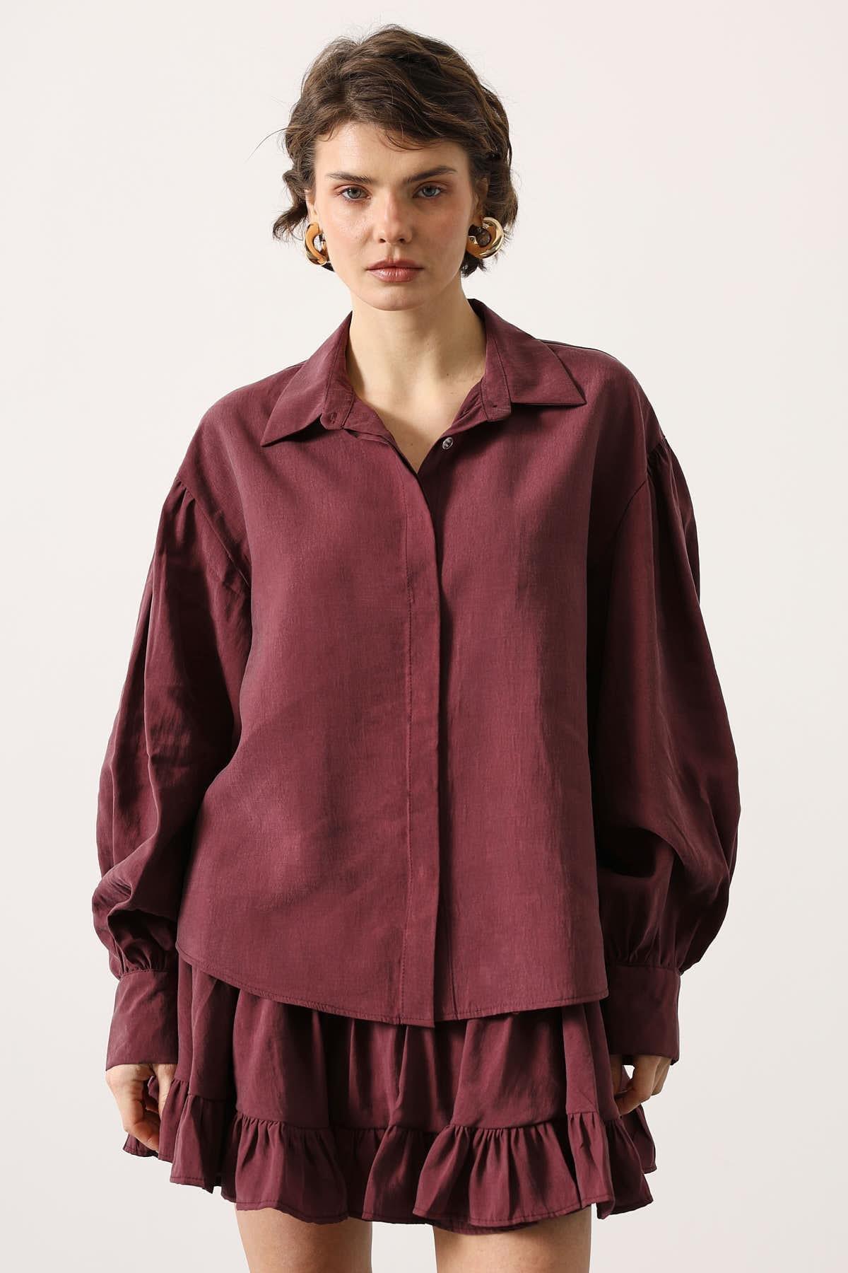 Wholesale Women's Burgundy Oversized Shirt with Bishop Sleeves 0061-34514