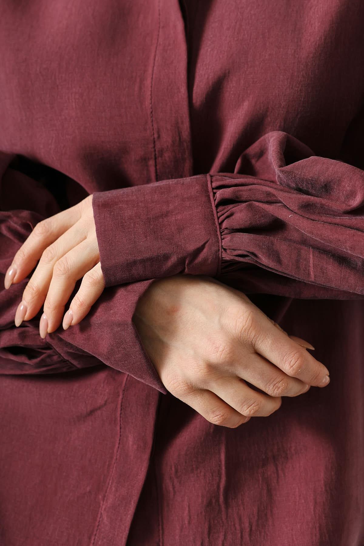 Wholesale Women's Burgundy Oversized Shirt with Bishop Sleeves 0061-34514