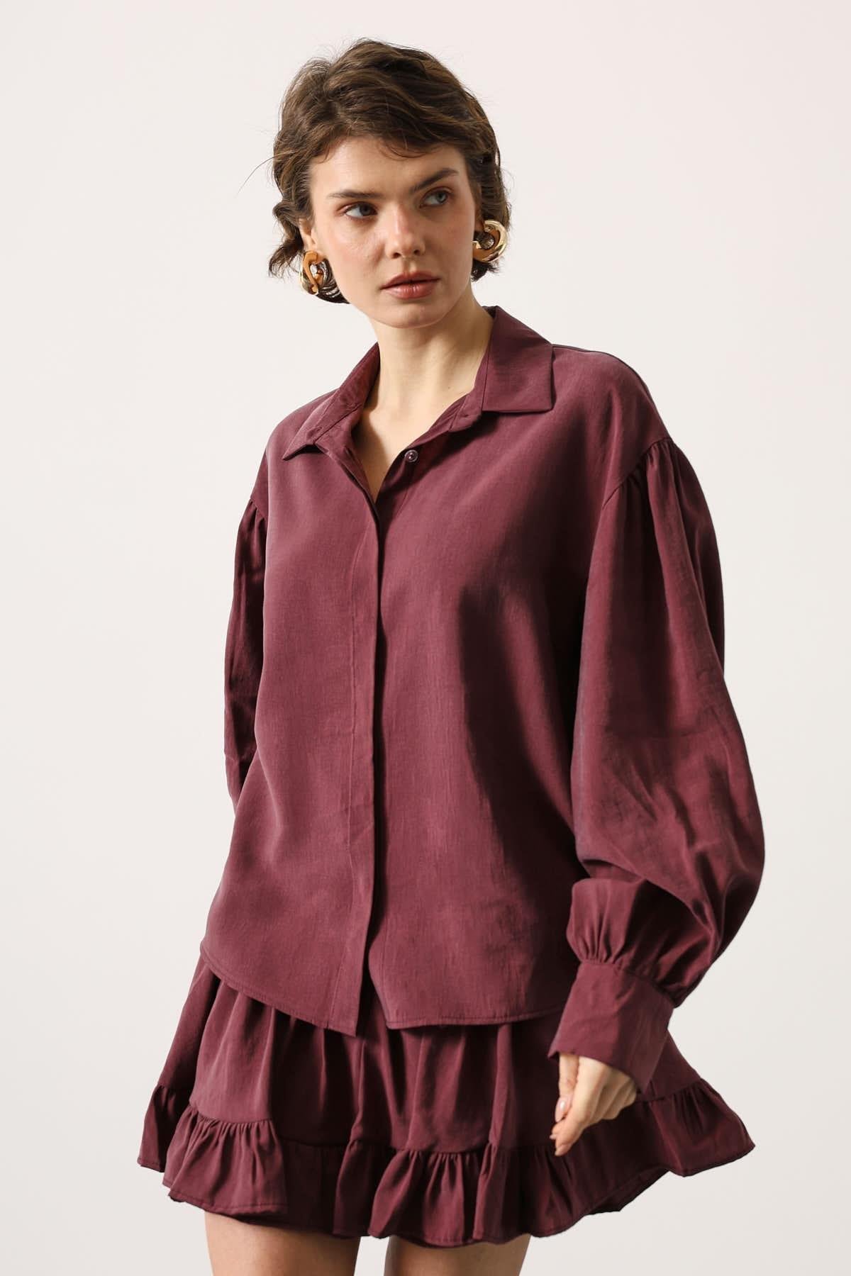 Wholesale Women's Burgundy Oversized Shirt with Bishop Sleeves 0061-34514
