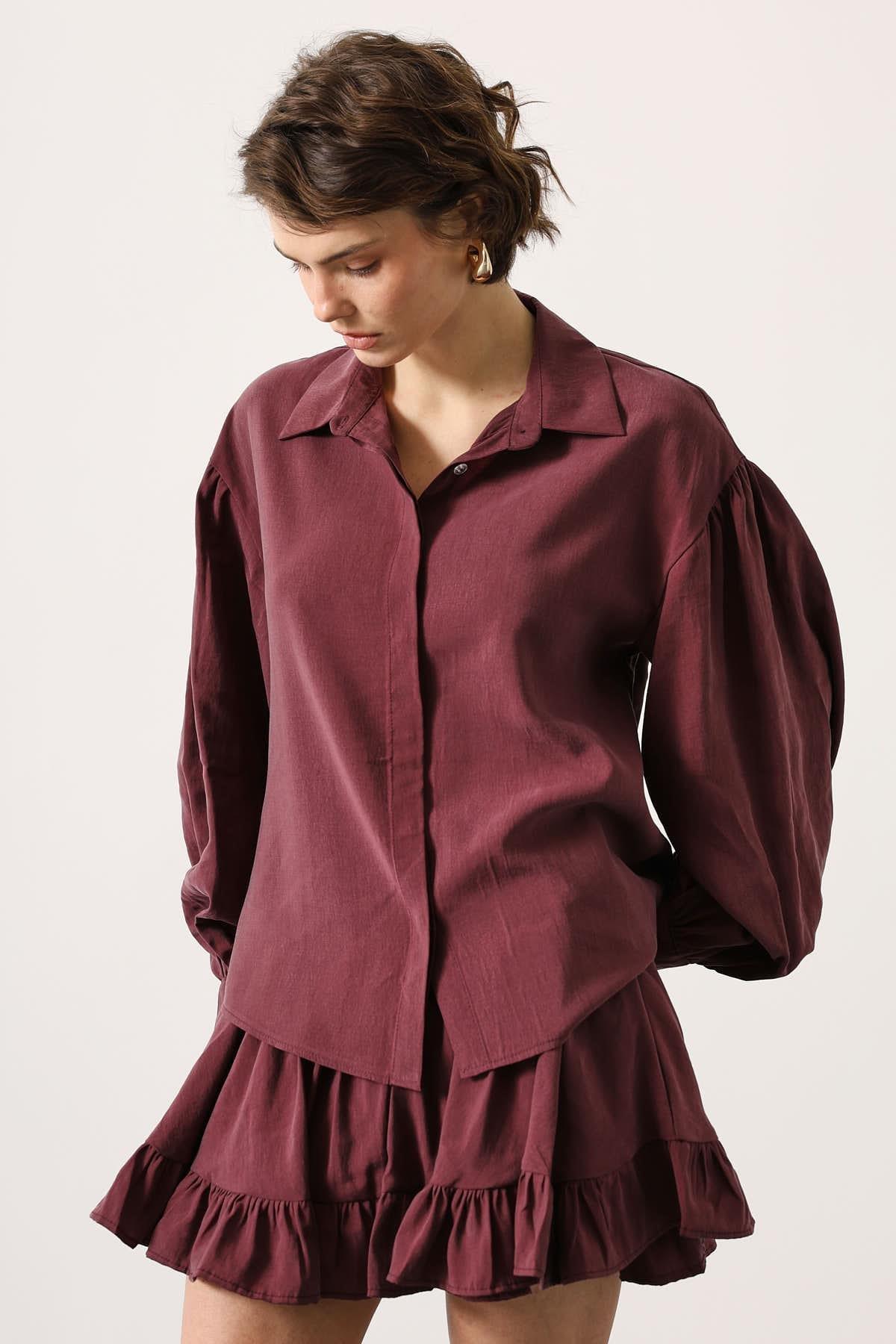 Wholesale Women's Burgundy Oversized Shirt with Bishop Sleeves 0061-34514