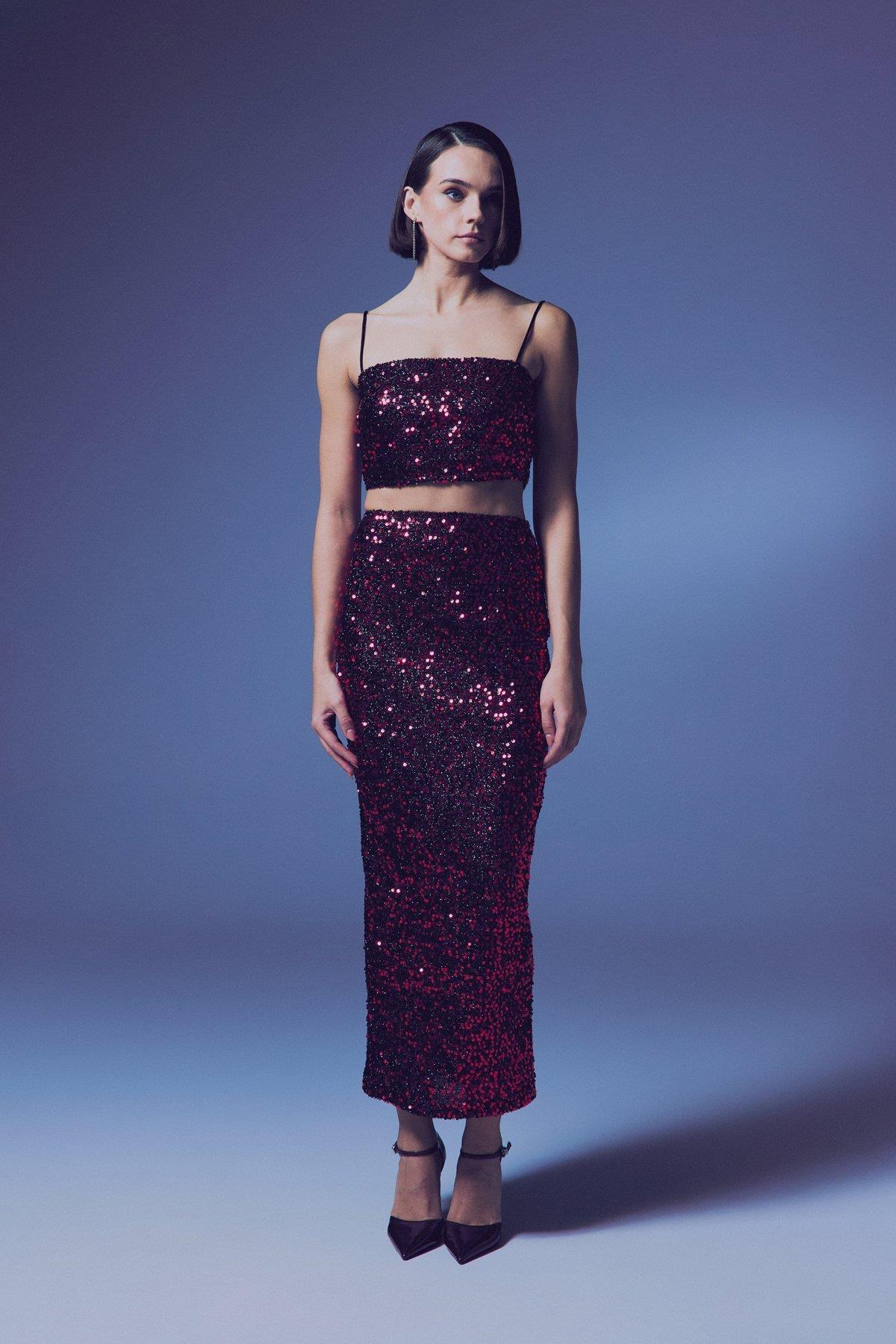 Wholesale Women's Burgundy Sequined Strappy Crop Top 0033-1683-1551